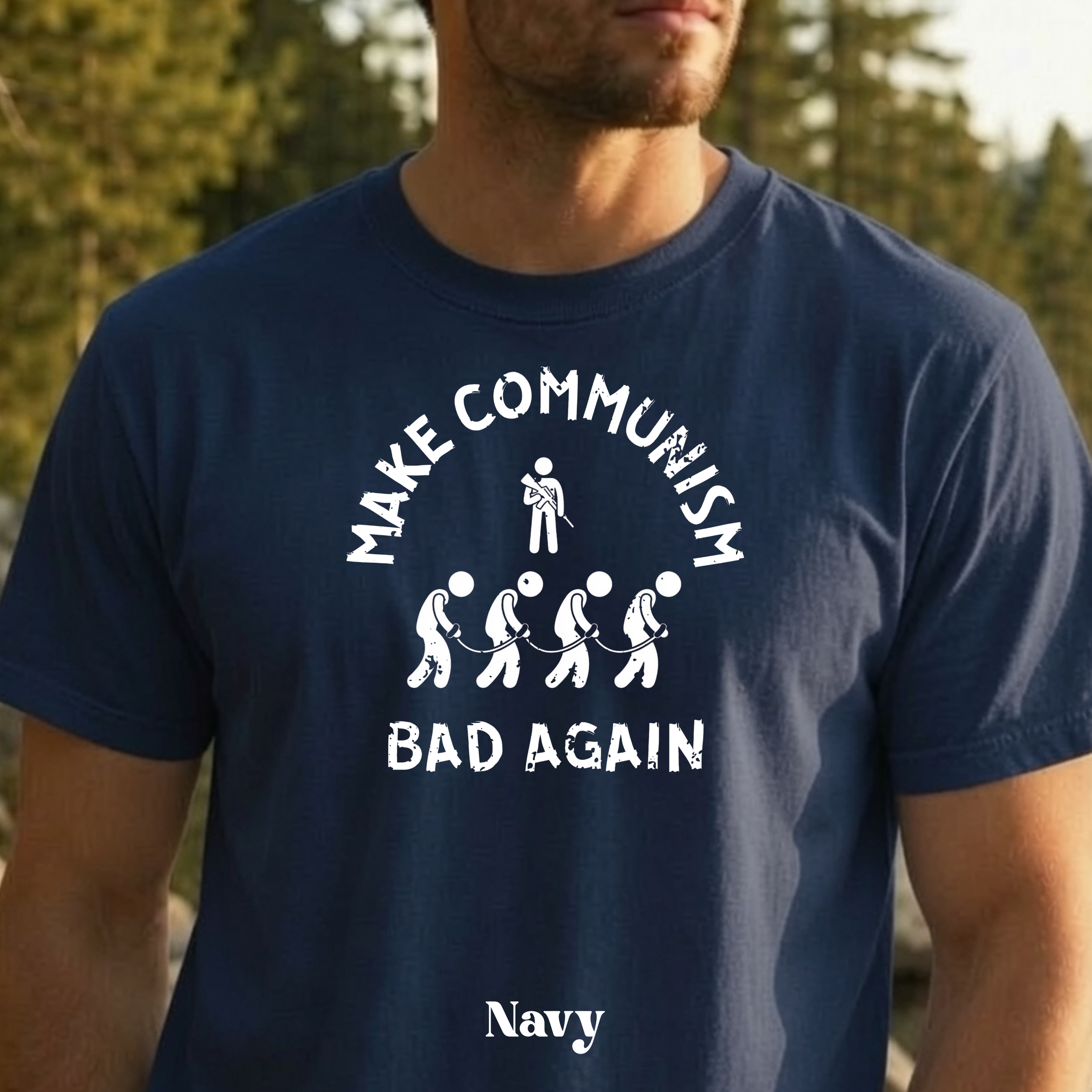 Make Communism Bad Again minimalist slavery design on navy t-shirt
