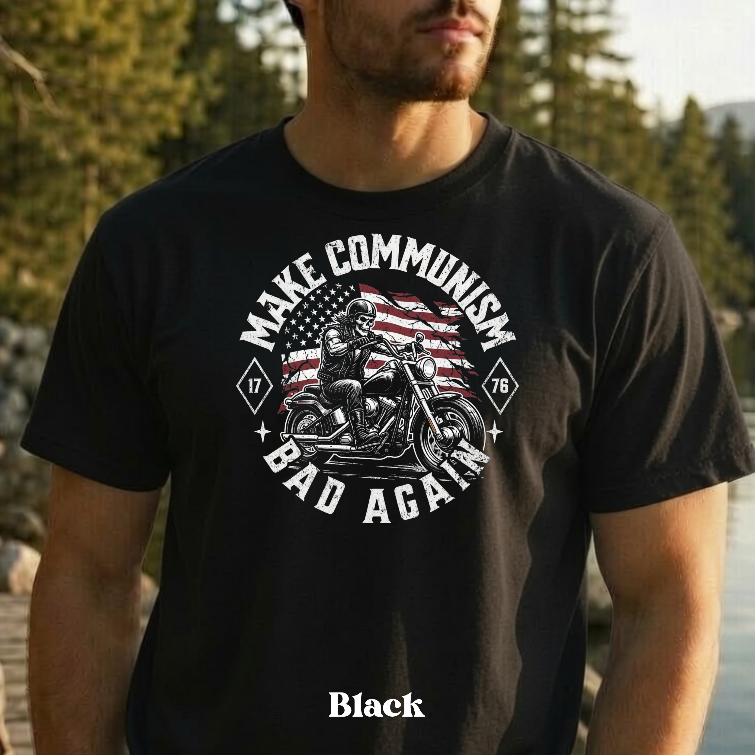 Make Communism Bad Again vintage knockout biker design on black t-shirt