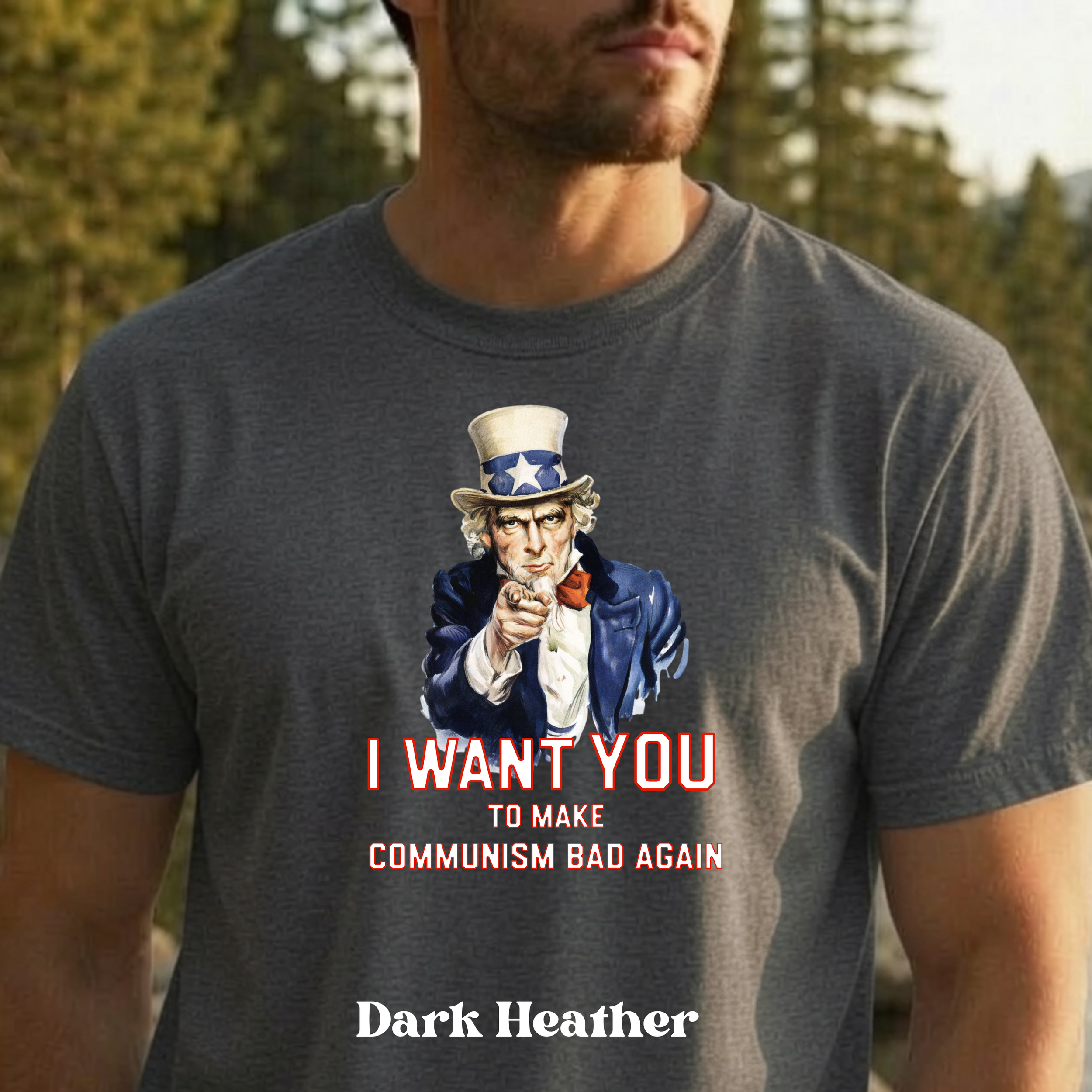 Classic Uncle Sam Make Communism Bad Again design on dark heather t-shirt