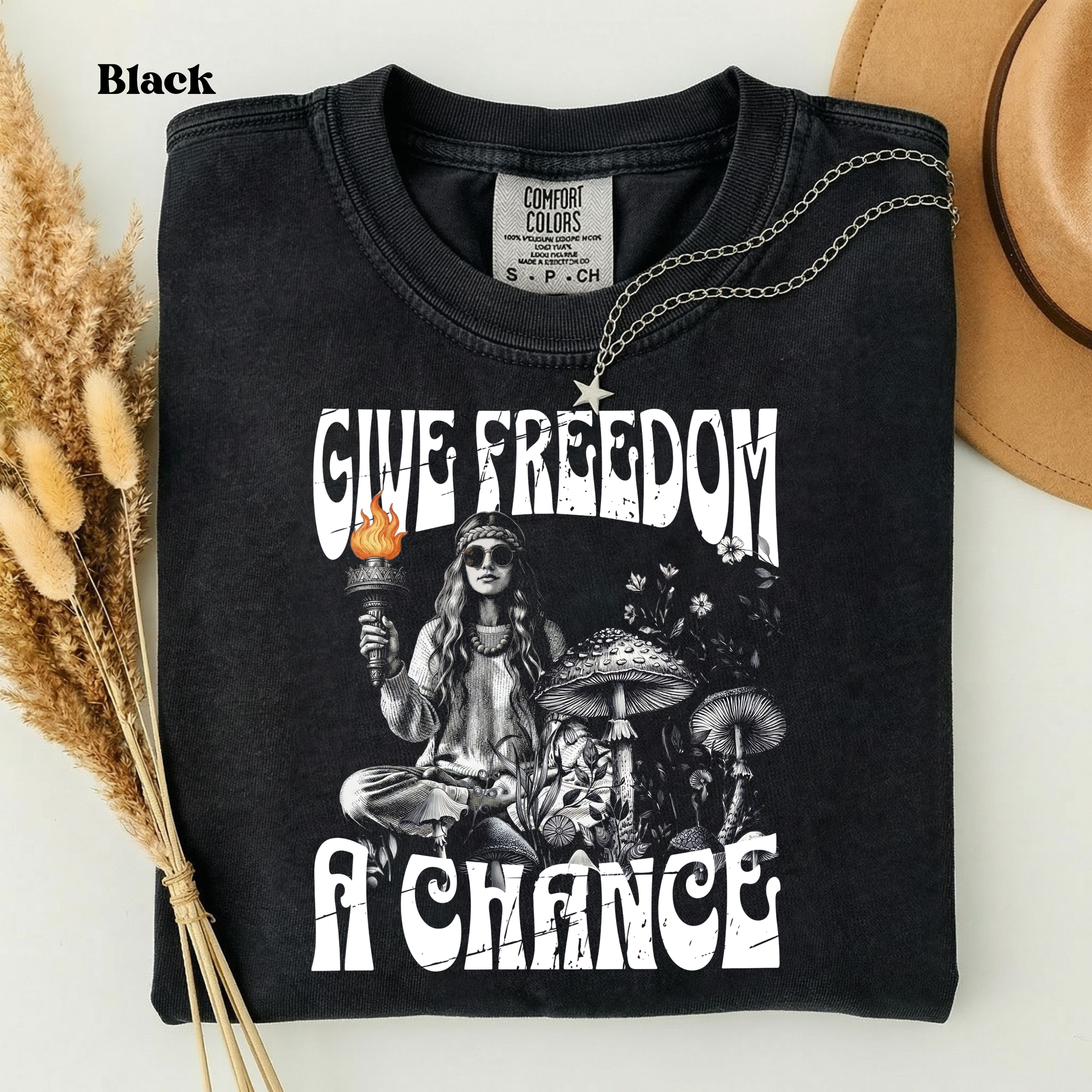 Give Freedom a Chance vintage washout design on black Comfort Colors t-shirt