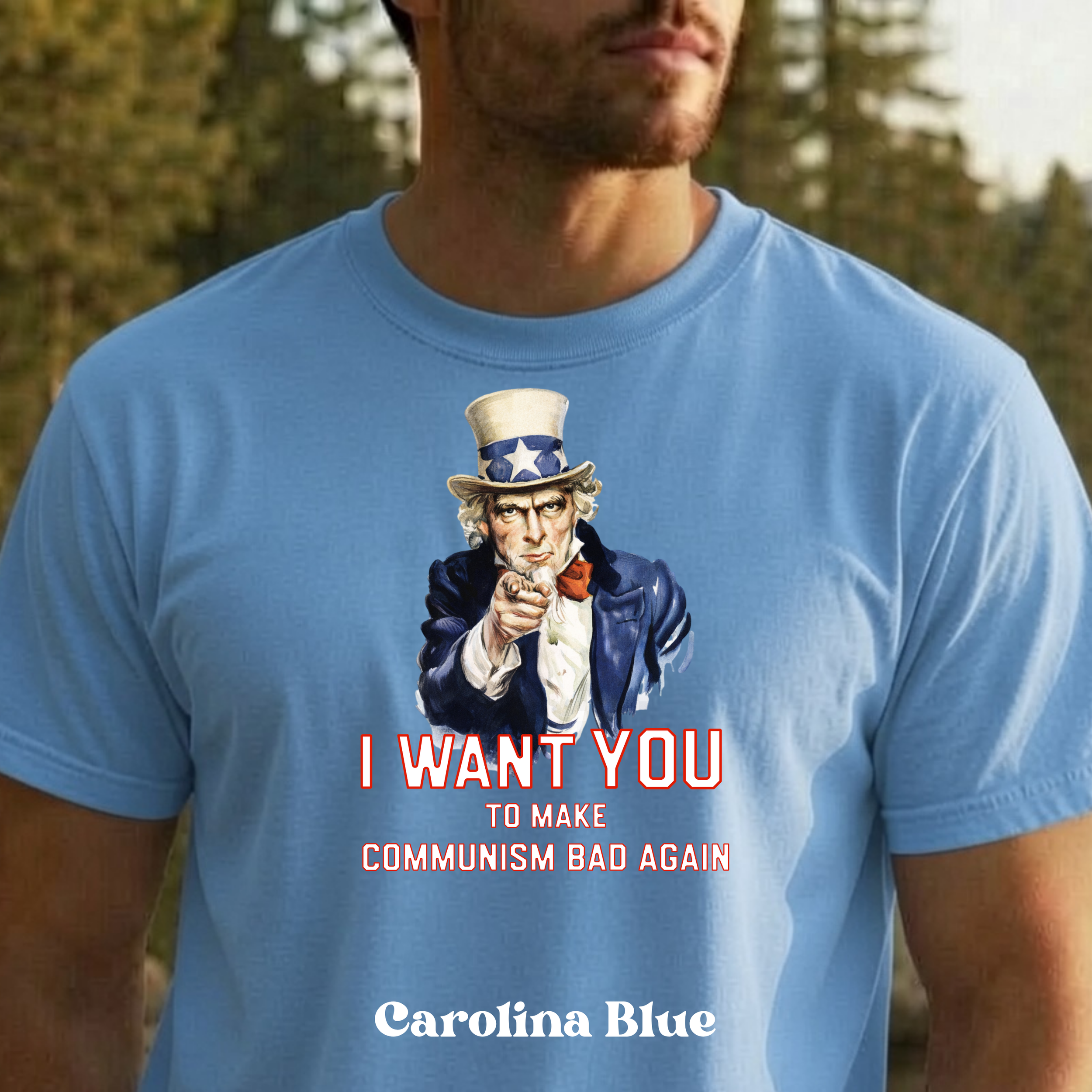 Classic Uncle Sam Make Communism Bad Again design on carolina blue t-shirt