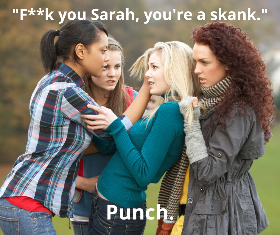 A group of four young women in an outdoor setting arguing, with one woman grabbing another by the shoulders and confronting her, while others look on with tense expressions. Text overlay says, "F**k you Sarah, you're a skank."