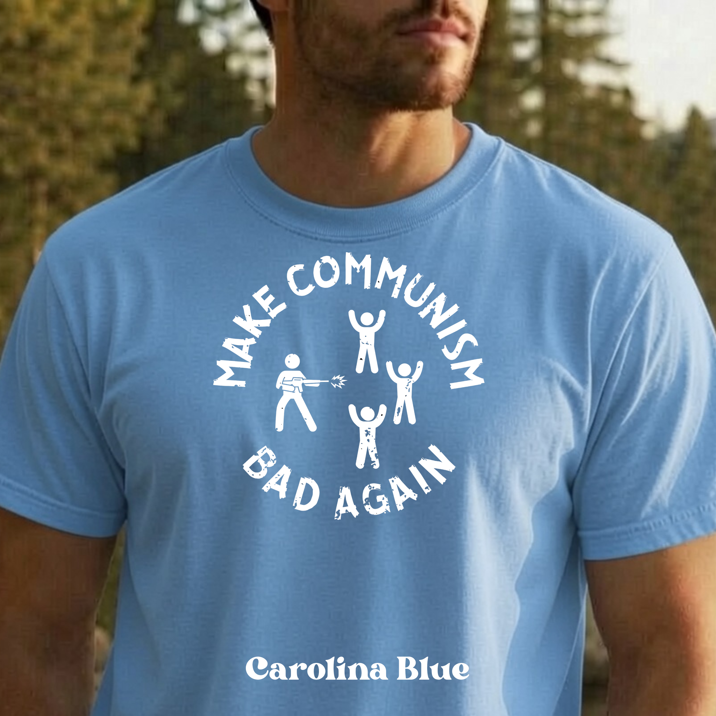 Make Communism Bad Again minimalist round up design on carolina blue t-shirt