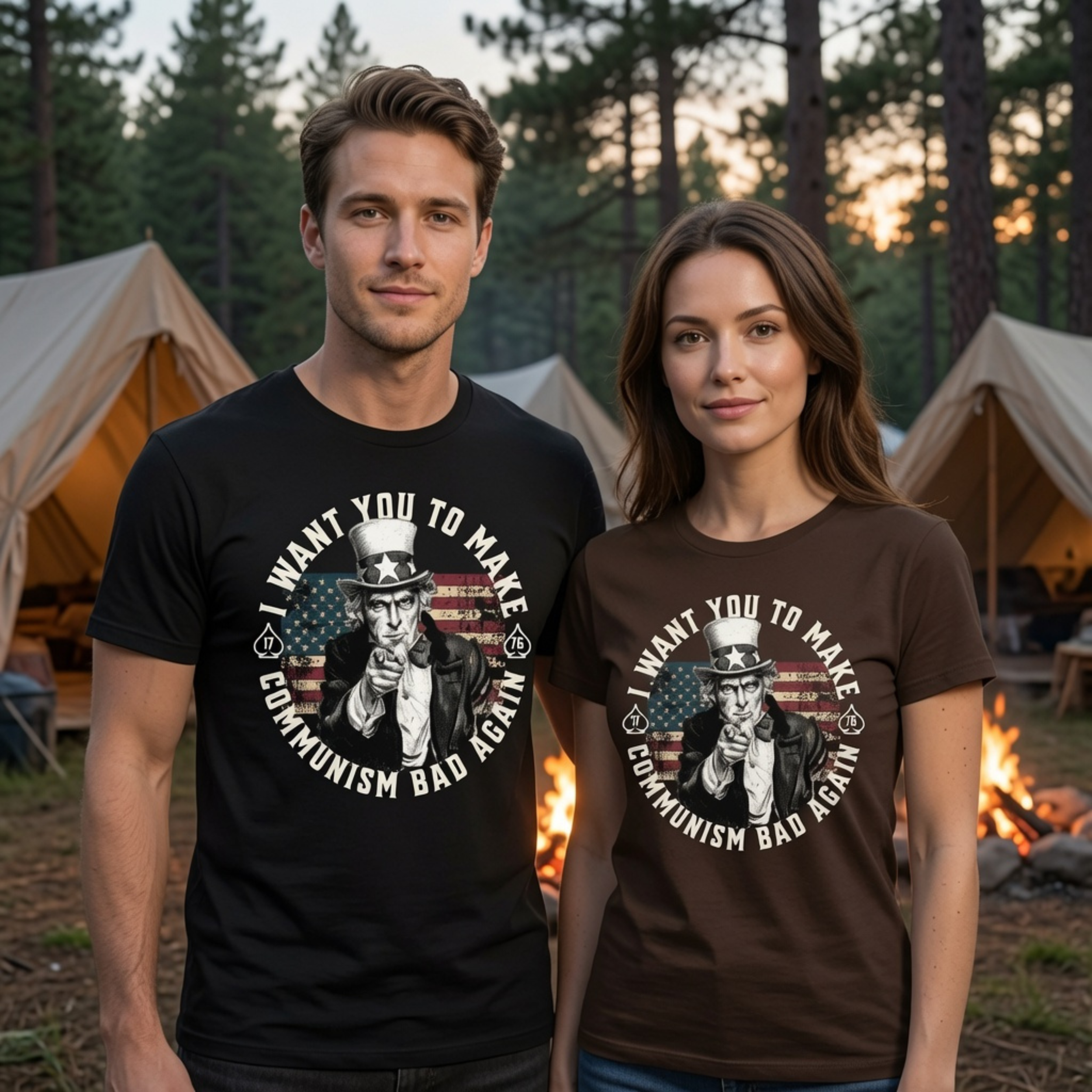 man in black t-shirt and woman in dark chocolate t-shirt wearing Make Communism Bad Again Uncle Sam design at a campsite