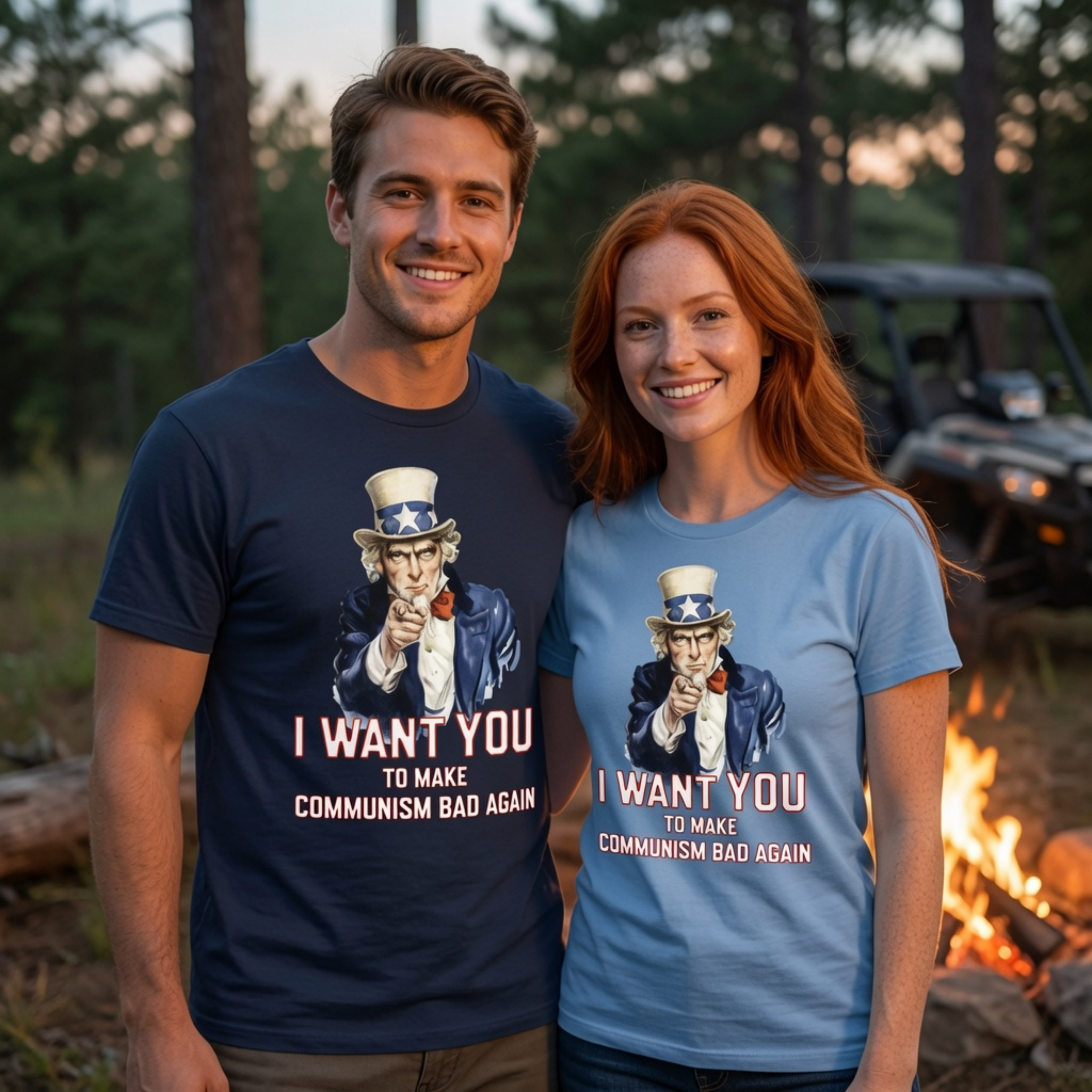 Man and woman wearing classic Uncle Sam Make Communism Bad Again t-shirts in a campsite setting