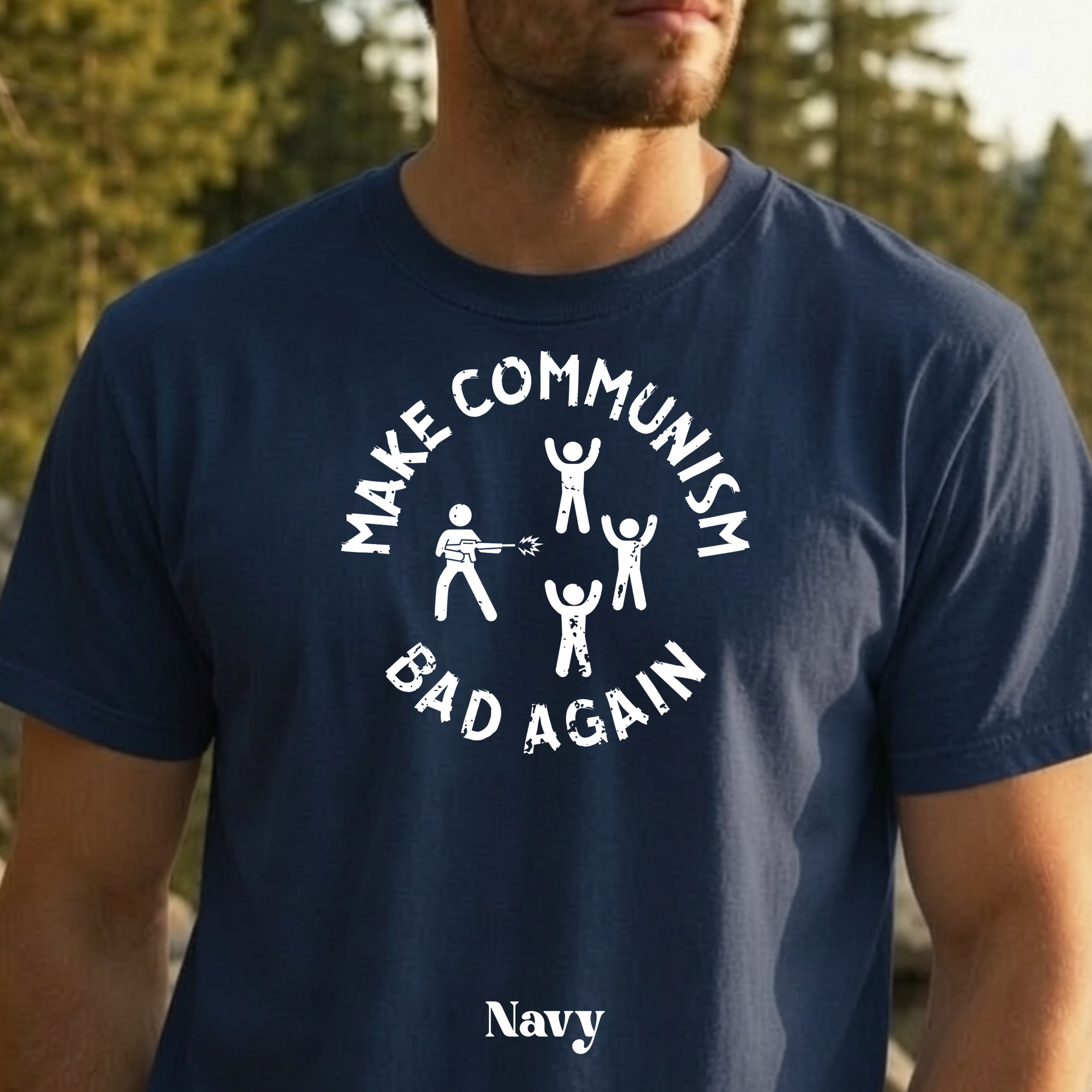 Make Communism Bad Again minimalist round up design on navy  t-shirt
