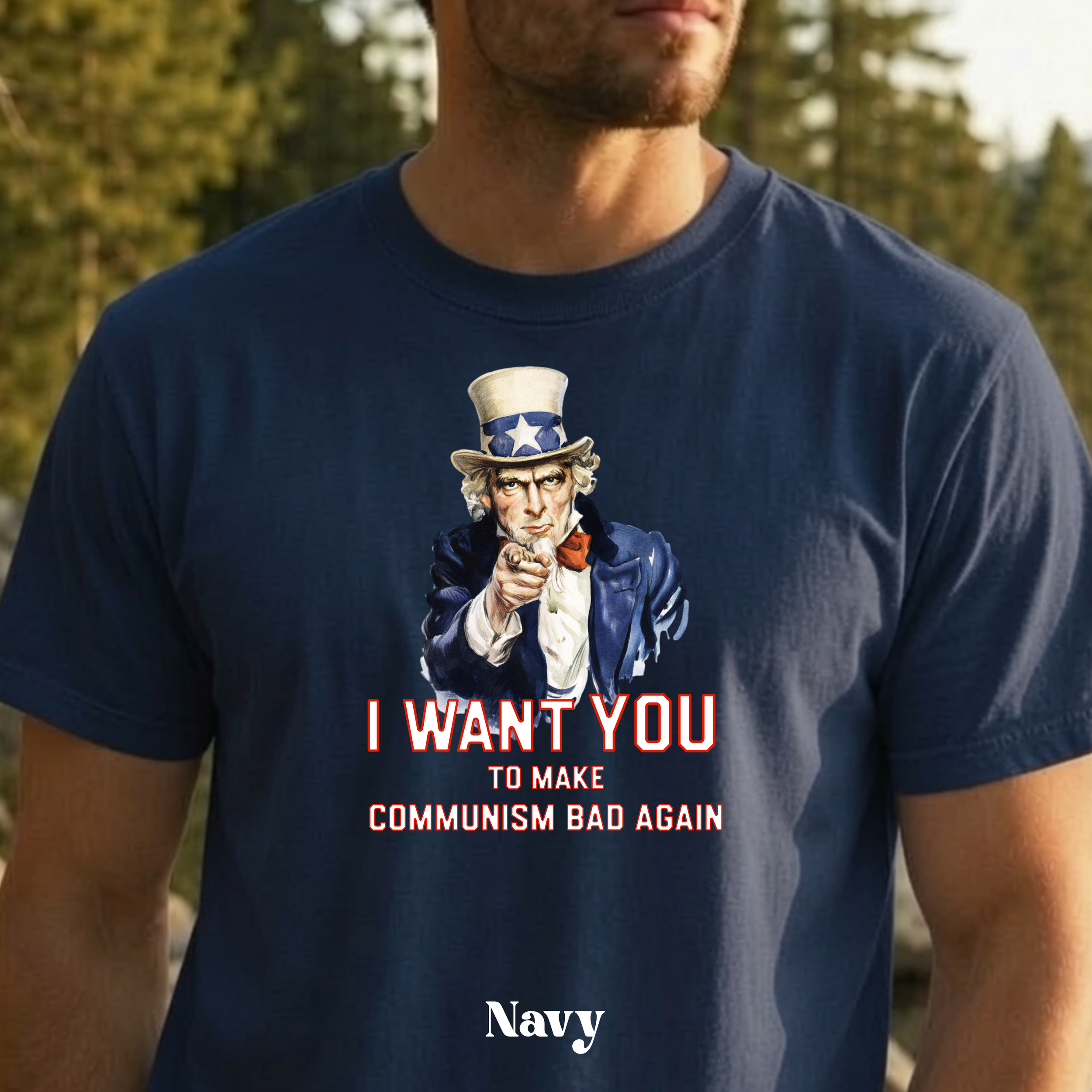 Classic Uncle Sam Make Communism Bad Again design on navy t-shirt