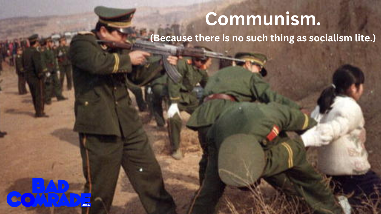 Soldiers with rifles arresting a woman dressed in white during a demonstration or protest, with onlookers in the background.