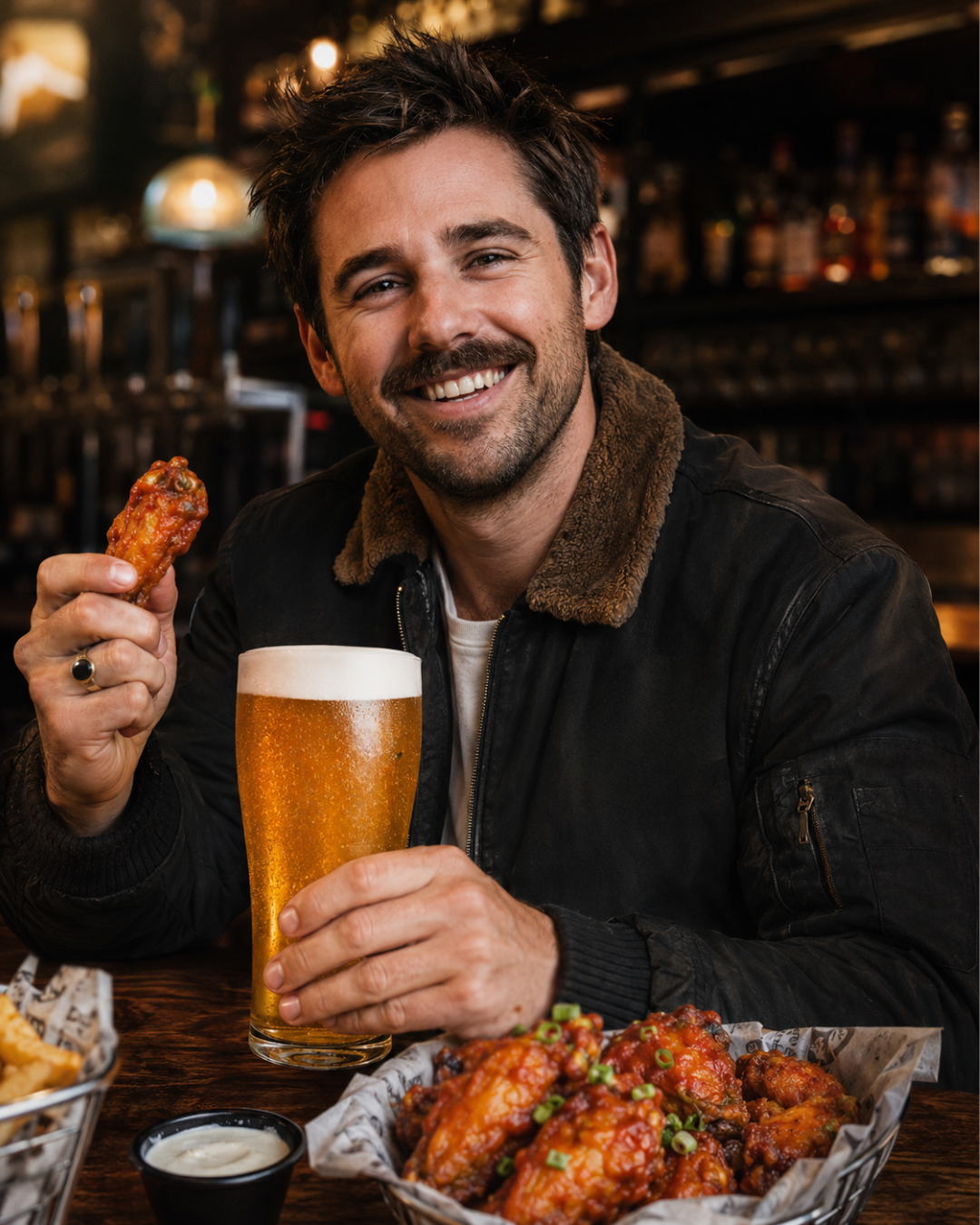 A man holding a chicken wing in one hand and a schooner of 5 Boroughs lager beer in the other, sitting at a table with a basket of crispy chicken wings and a container of franks hot sauce in a bar or pub setting.