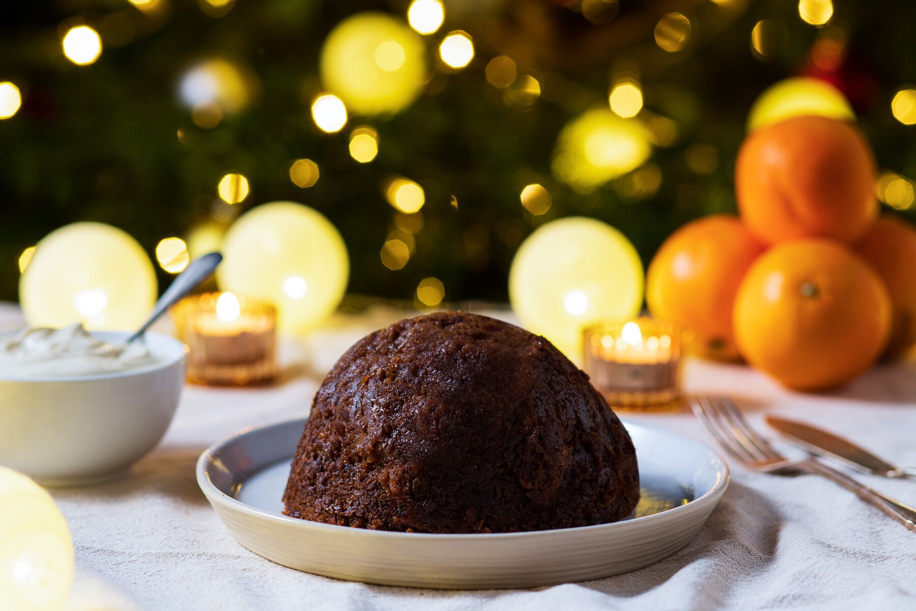 Quick alternative Christmas Pudding with Dates, Pecan Nuts and Rum Fudge Sauce 