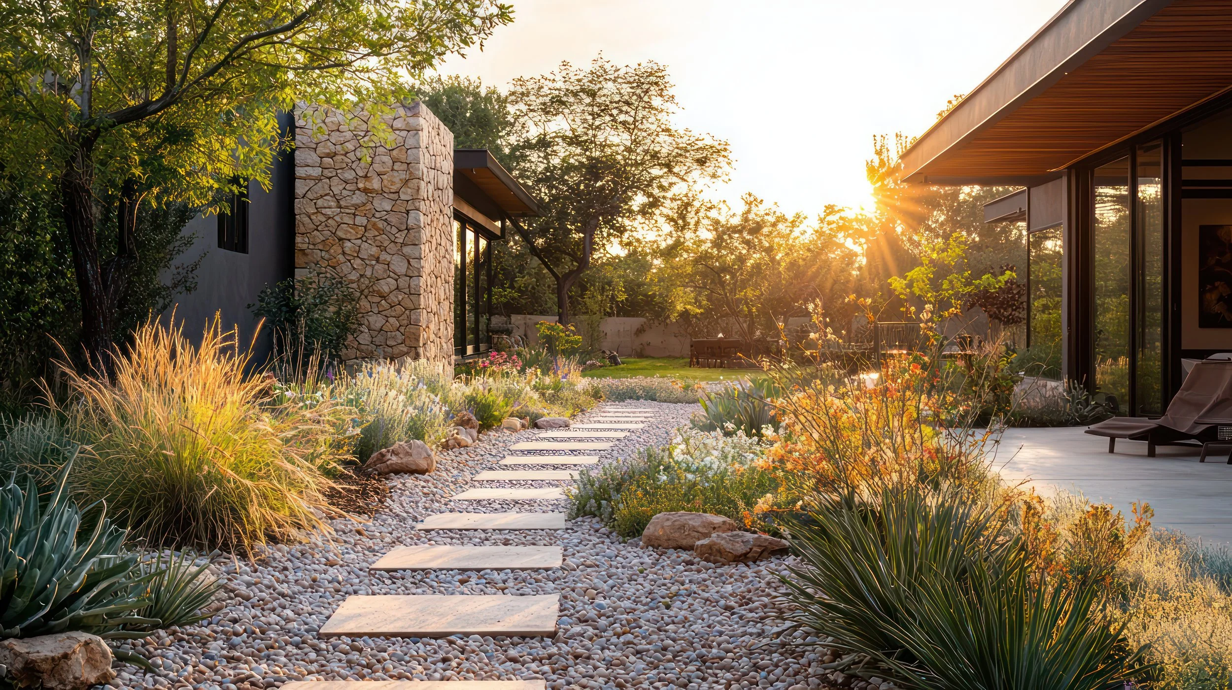 A landscaped garden yard with a stone pathway leading to a house, surrounded by desert plants and trees, with the sun setting in the background.