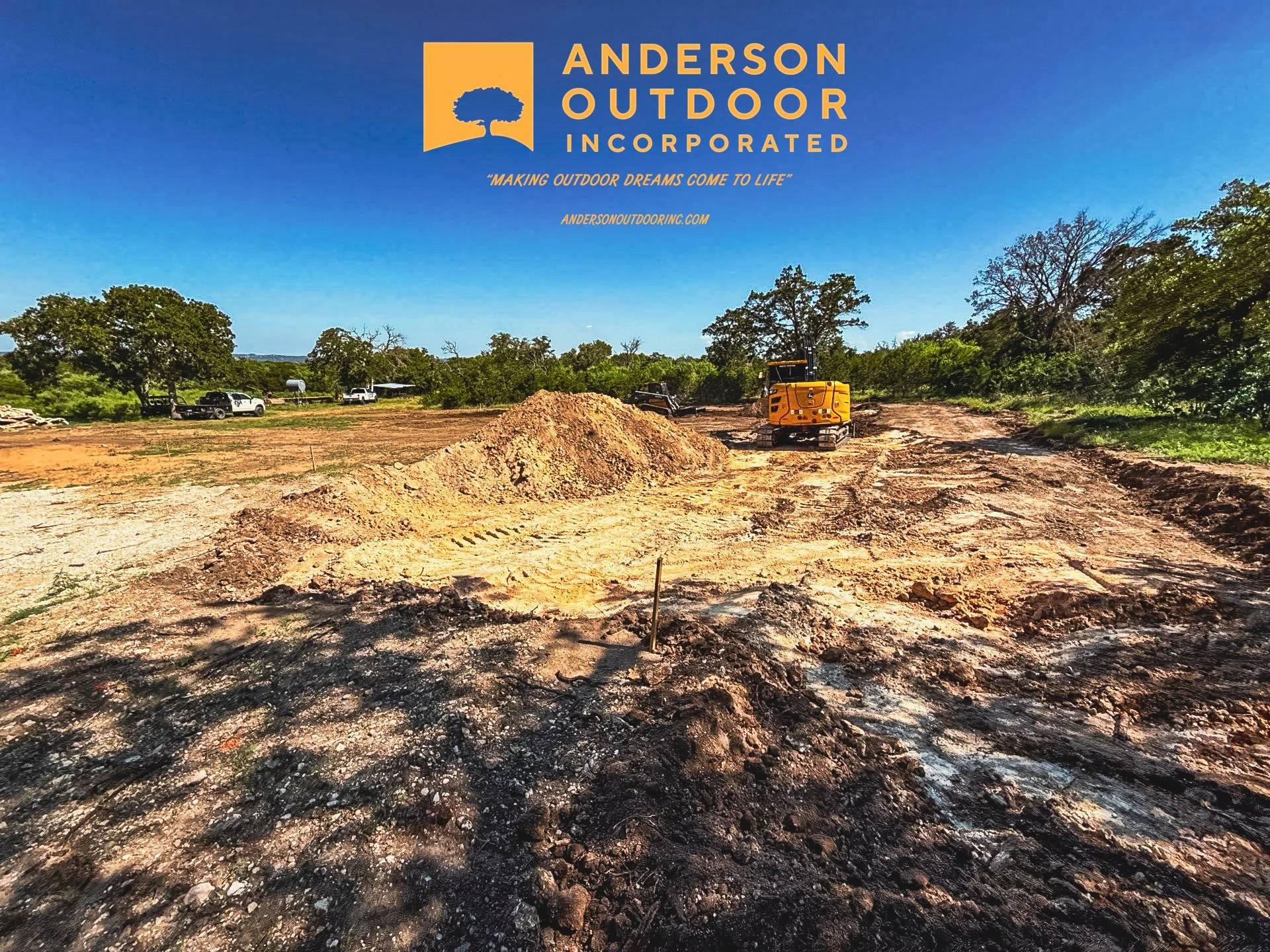 Construction site with excavator on dirt, trees in background, blue sky, company logo and slogan overlay.