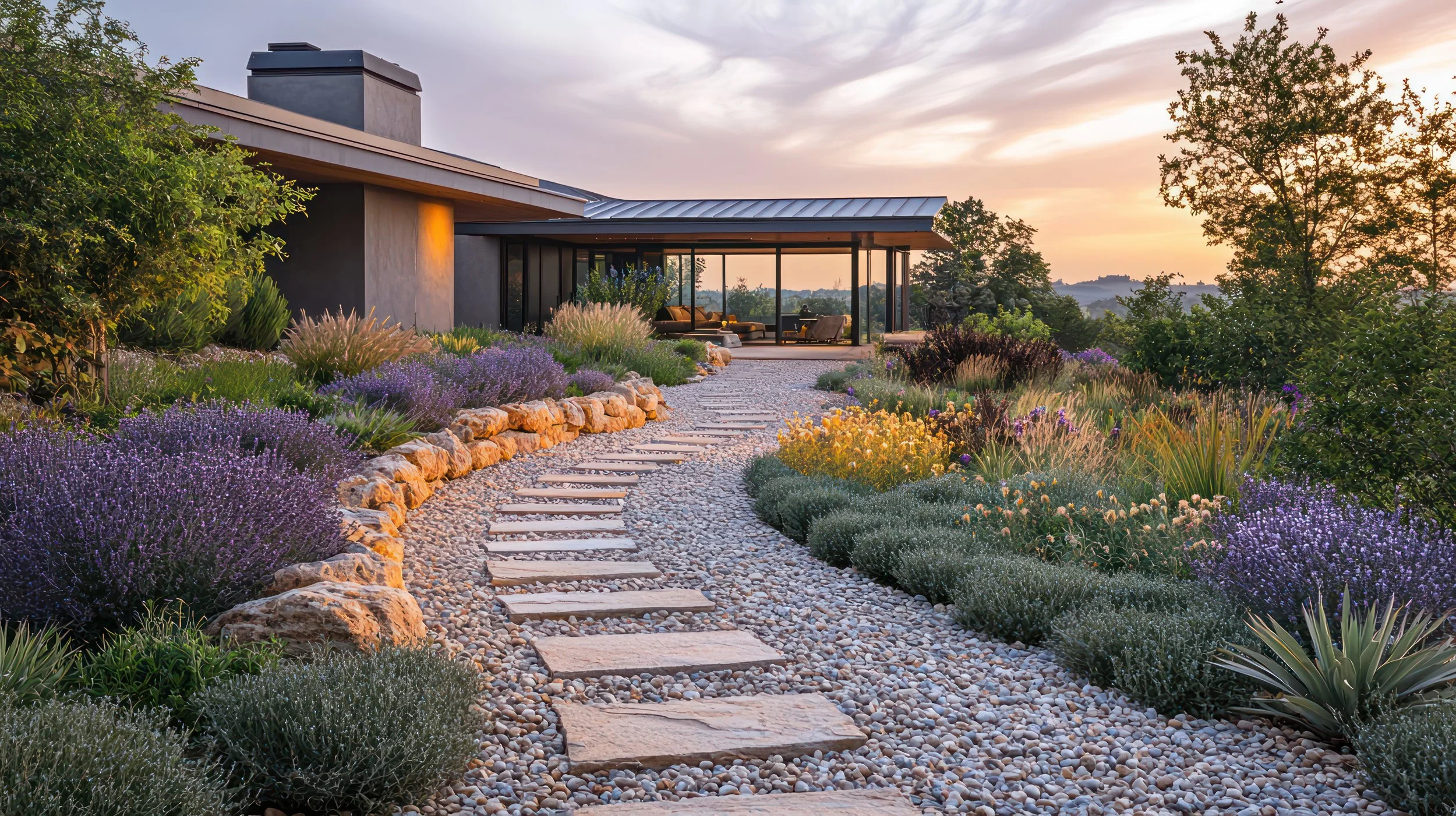 A modern house with a glass porch and metal roof surrounded by a landscaped garden with a stone and gravel pathway at sunset.