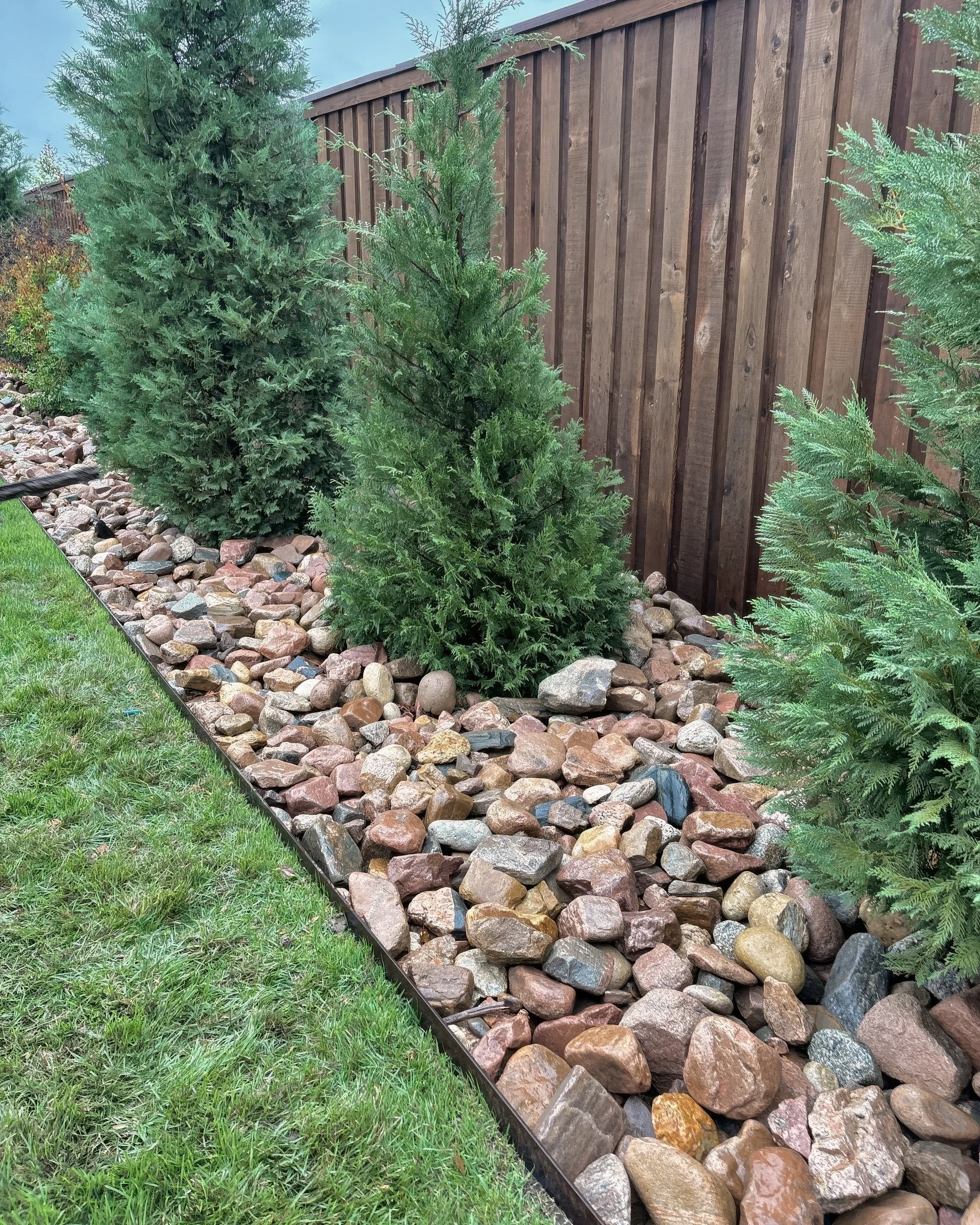 Steel-edged river rock swale along a cedar fence and cypress row.