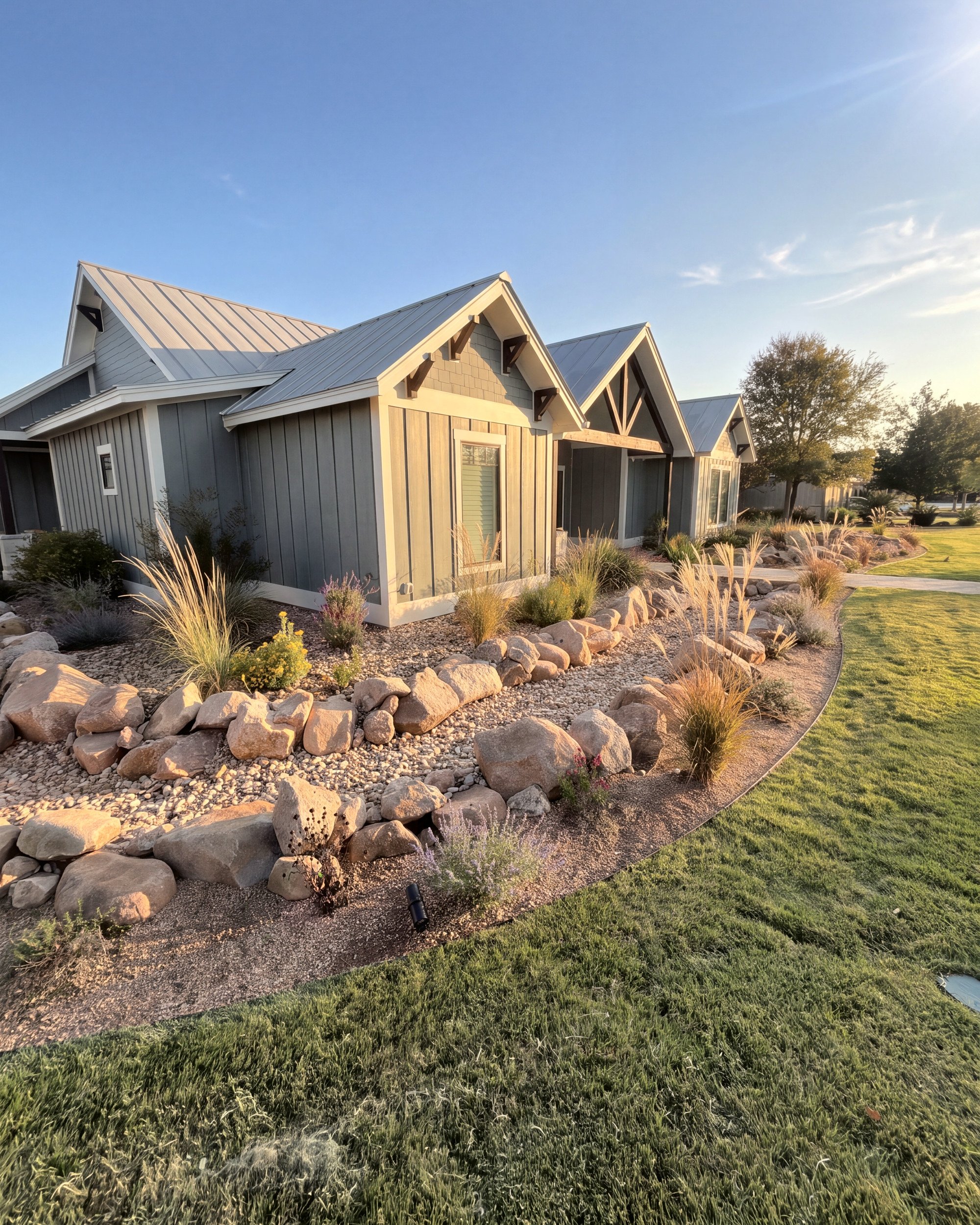 Front yard boulder and river rock bed along a home in Fredericksburg, TX.