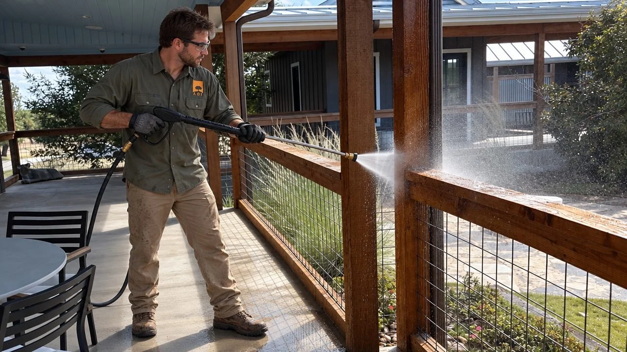 Crew member pressure washing cedar porch railing on a covered porch in Fredericksburg TX, Anderson Outdoor Incorporated