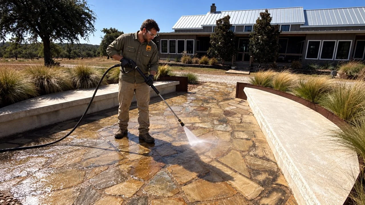 Crew member pressure washing a flagstone patio beside a covered porch in Fredericksburg TX, Anderson Outdoor Incorporated