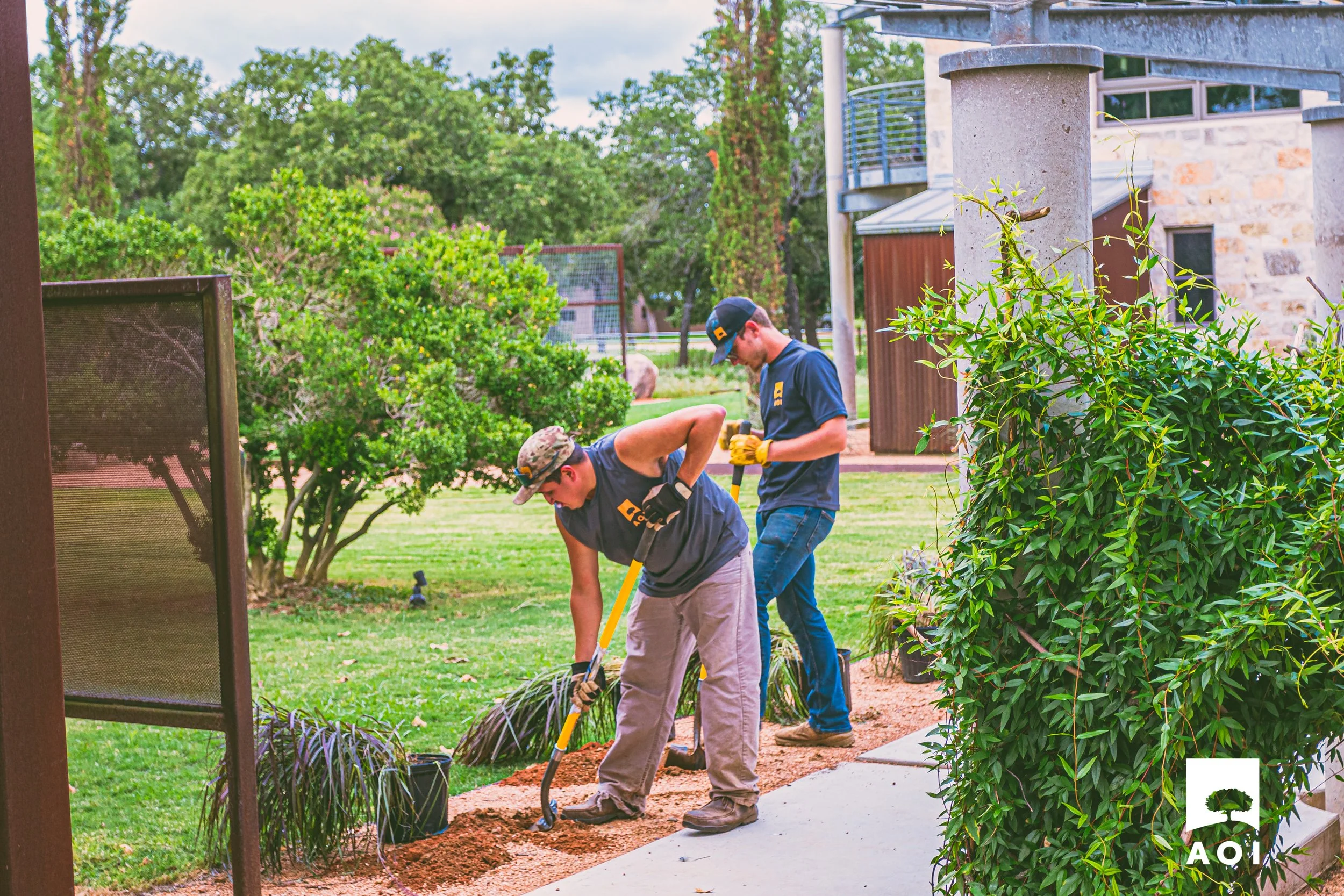 Two men working in a garden, one digging with a hoe and the other holding a shovel, surrounded by bushes and trees in a landscaped yard.