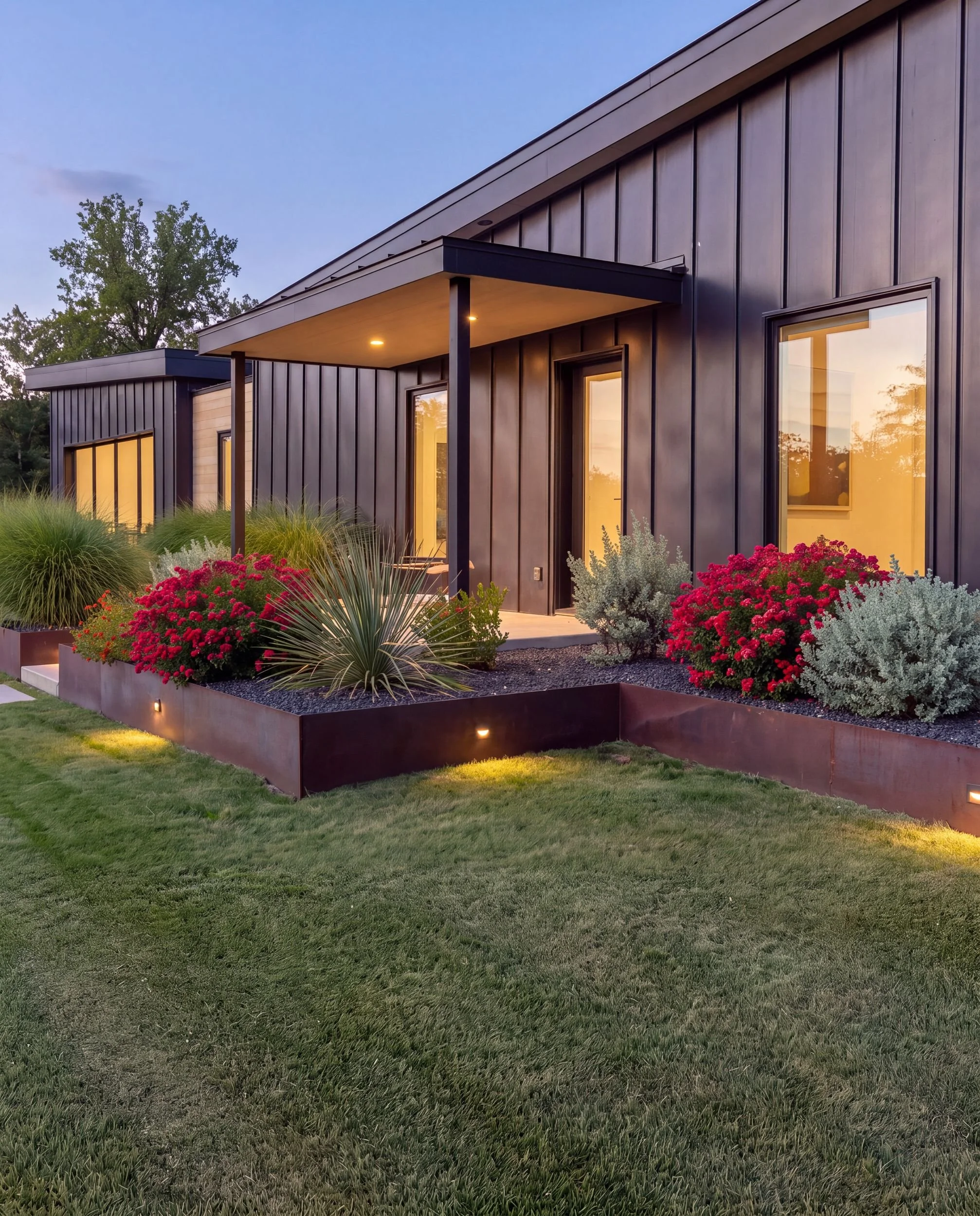 Low-voltage lights in corten steel planters at the entry of a modern home, Fredericksburg TX landscape lighting