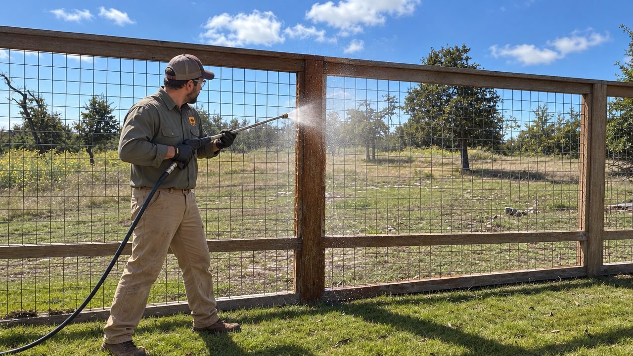 Crew member pressure washing a cedar and wire perimeter fence in Fredericksburg TX, Anderson Outdoor Incorporated