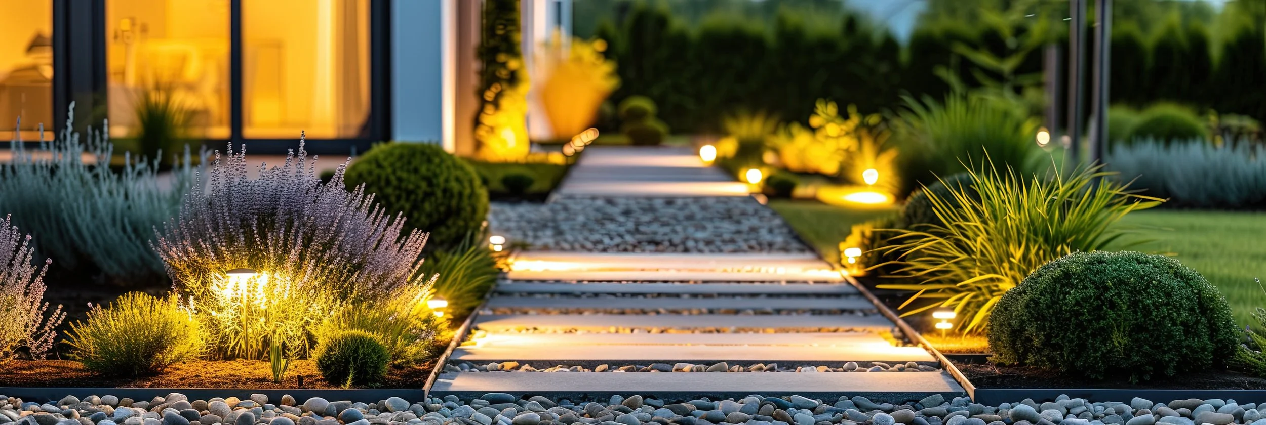 A modern outdoor garden pathway at dusk with illuminated stepping stones flanked by lush plants and bushes.