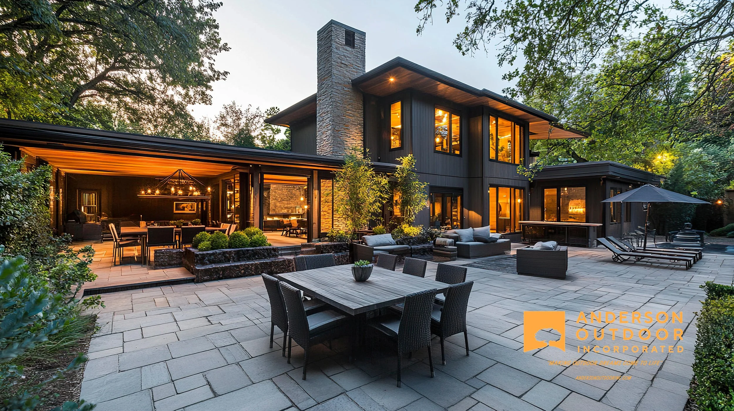 Modern two-story house with large windows and a stone chimney, illuminated from inside, surrounded by trees. Outdoor patio area with sofa, dining table, chairs, sun loungers, and umbrellas, in the evening the outdoor lights are on, creating a cozy am