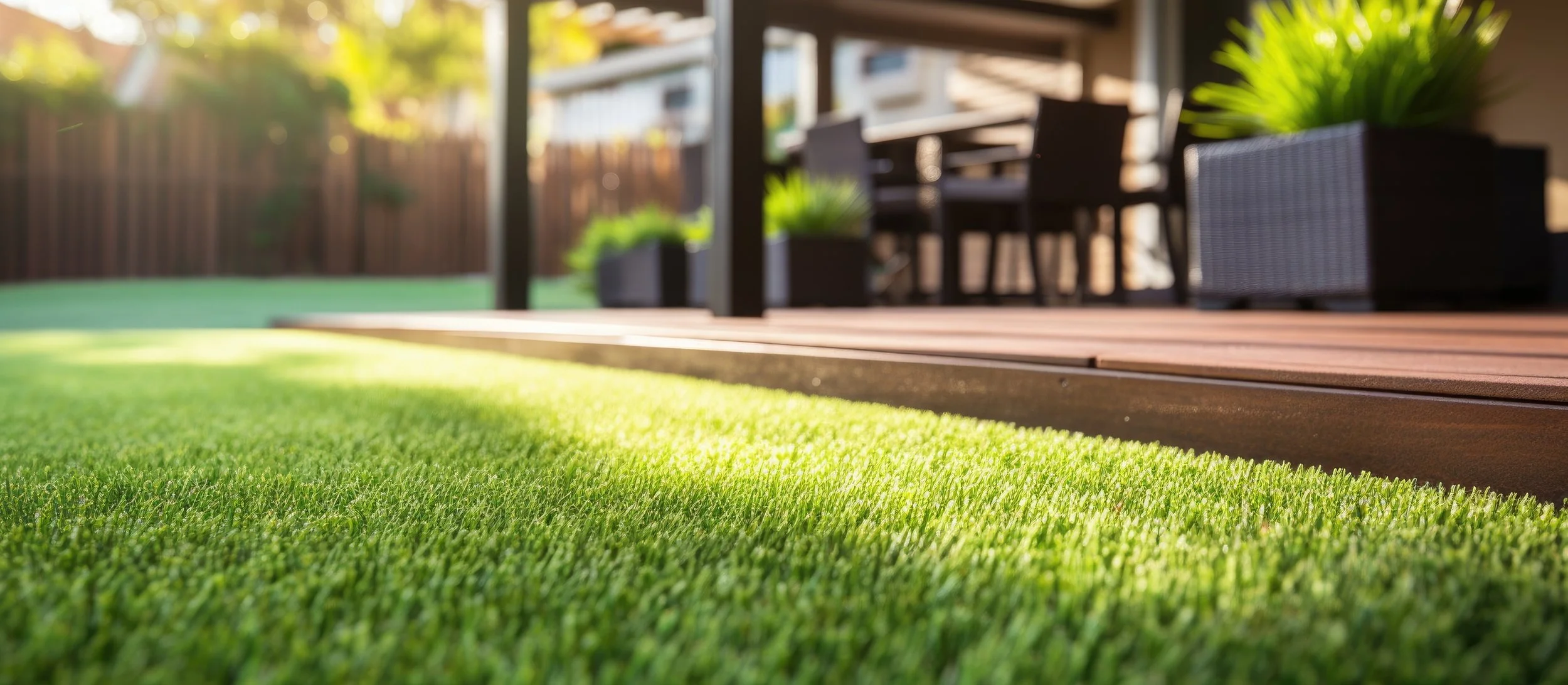 Close-up of artificial green grass on a backyard patio with outdoor furniture and potted plants in the background.