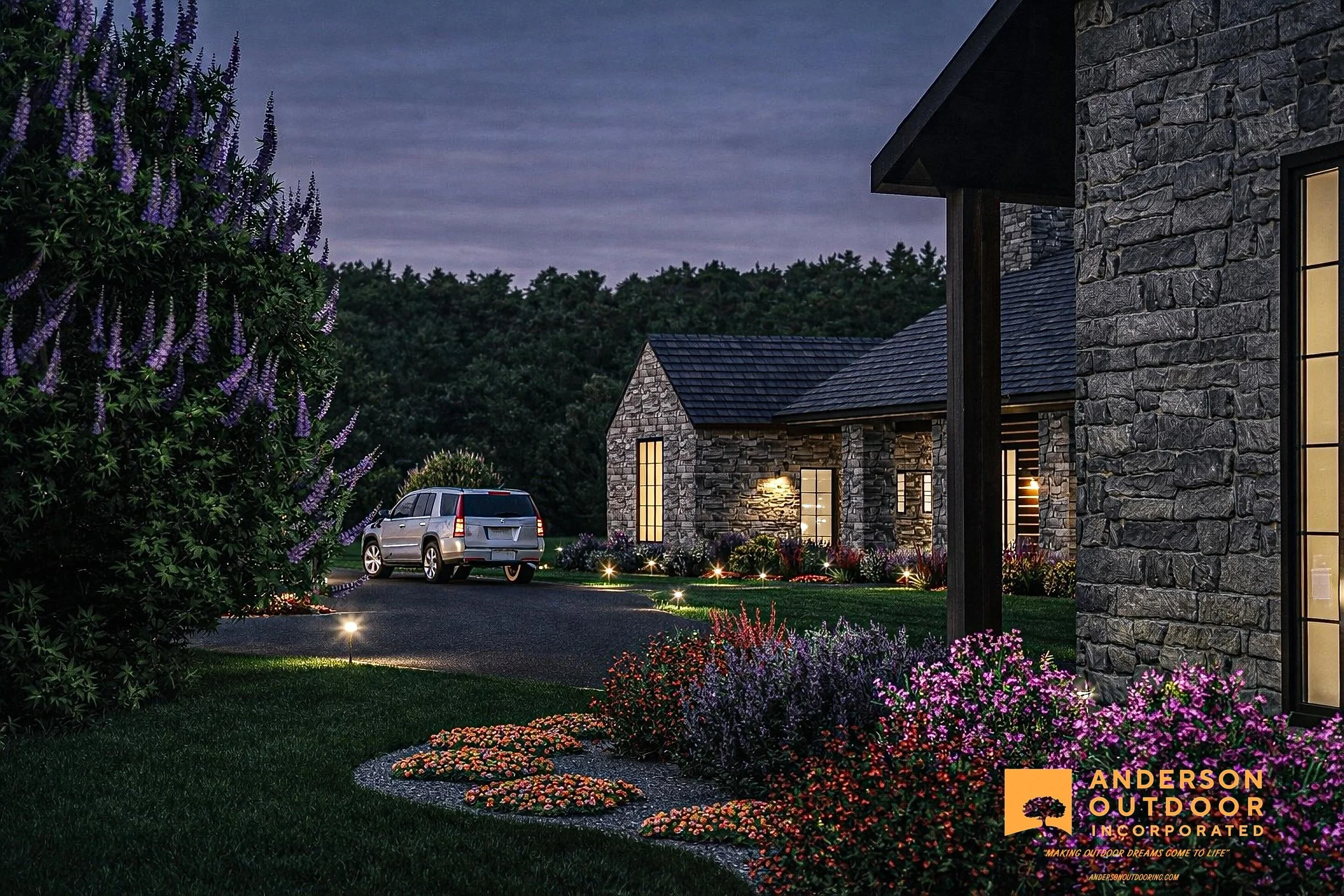 Digital rendering of a landscaped backyard with a curved stone and gravel pathway, a garden bed with rocks and various plants, shrubs, and flowers, a wooden pergola structure, and a tall wooden fence with trees and cloudy sky in the background.