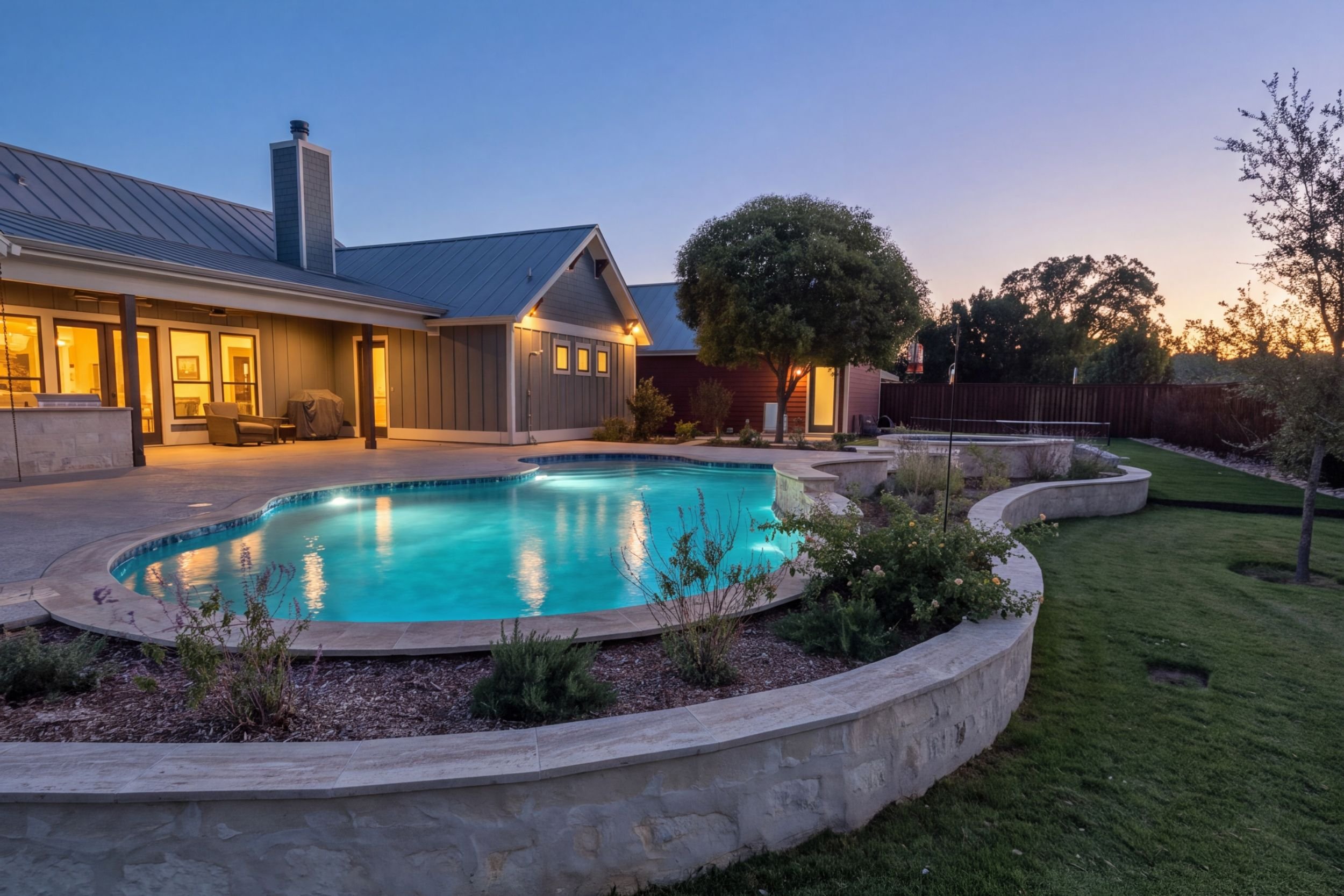 Backyard pool, stone wall and landscape lighting at twilight in Fredericksburg TX