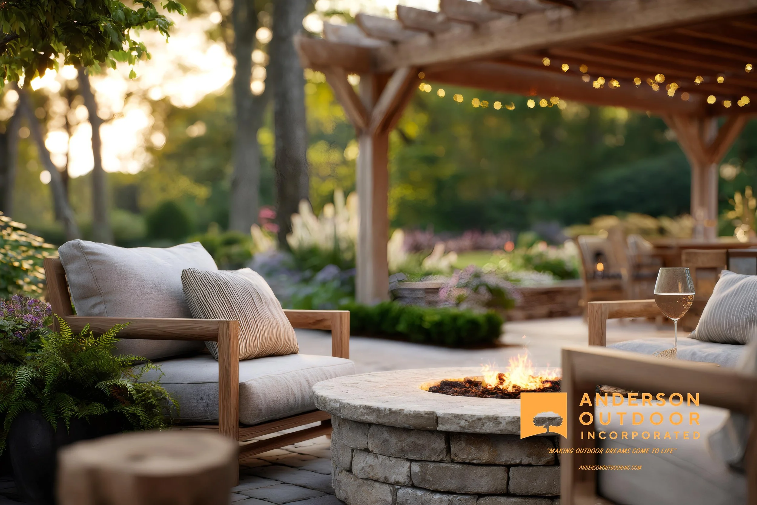 Outdoor patio with beige cushions on wooden furniture, a firepit, and string lights under a wooden pergola surrounded by trees and greenery at sunset.