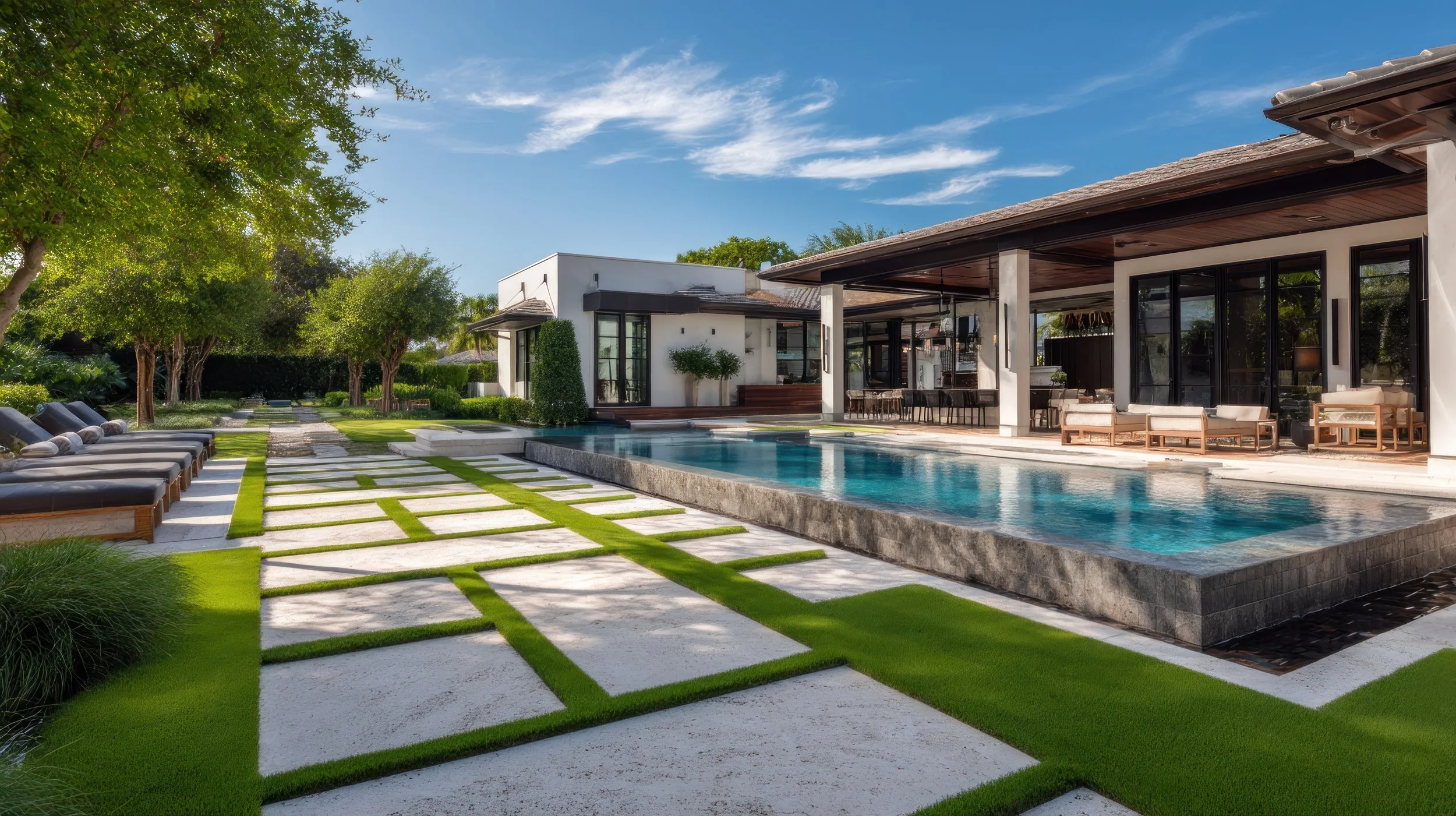 Person installing or repairing artificial turf on a patio, kneeling and unrolling turf from a cardboard tube, with outdoor tiles in the background.
