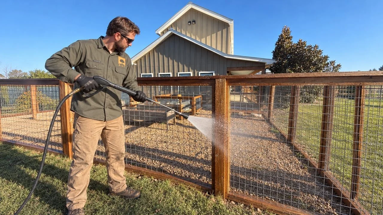 Crew member pressure washing a cedar garden fence in Fredericksburg TX, Anderson Outdoor Incorporated