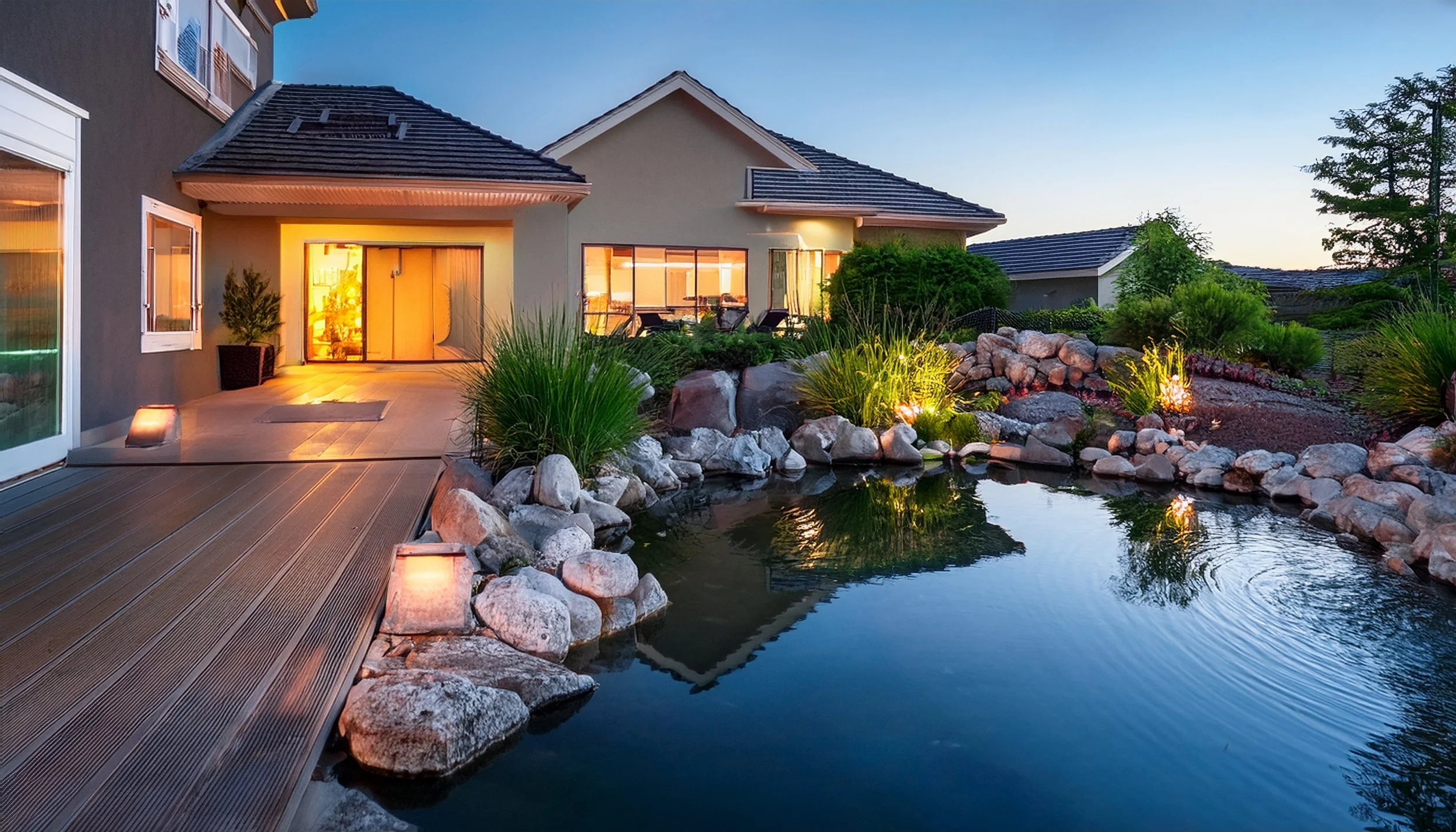 Backyard with a pond, rocks, and plants illuminated by outdoor lighting at dusk, with a house in the background.
