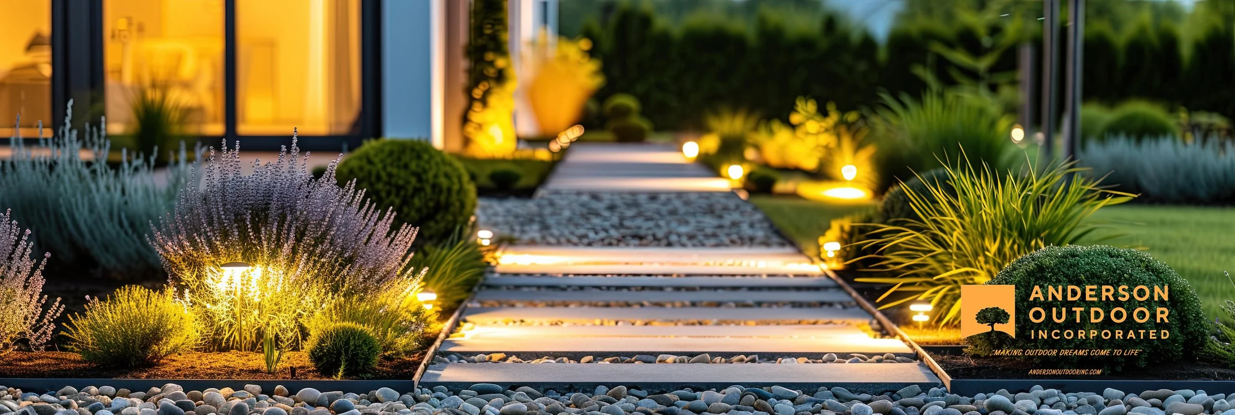 A landscaped outdoor garden pathway illuminated by small ground lights at dusk, with various plants and bushes along the sides, and a logo in the bottom right corner for Anderson Outdoor Incorporated.