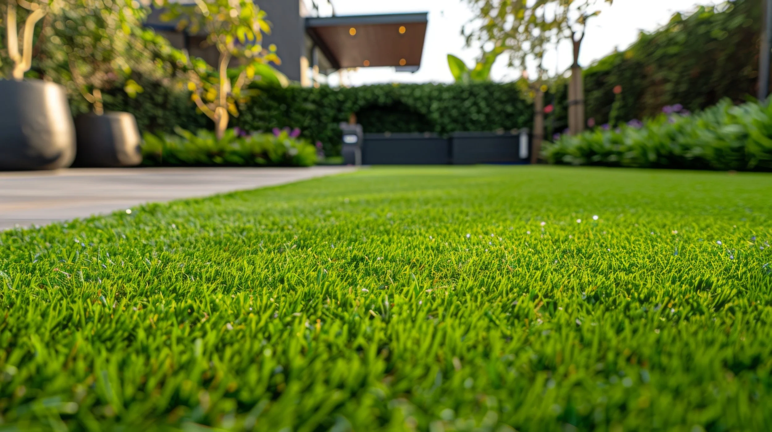 Close-up of lush green grass on a lawn with garden plants and trees in the background.