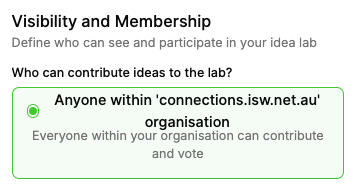 Screenshot of a website section titled 'Visibility and Membership' with a question about who can contribute ideas to the lab, followed by a green circled option indicating 'Anyone within 'connections.isw.net.au' organization'.