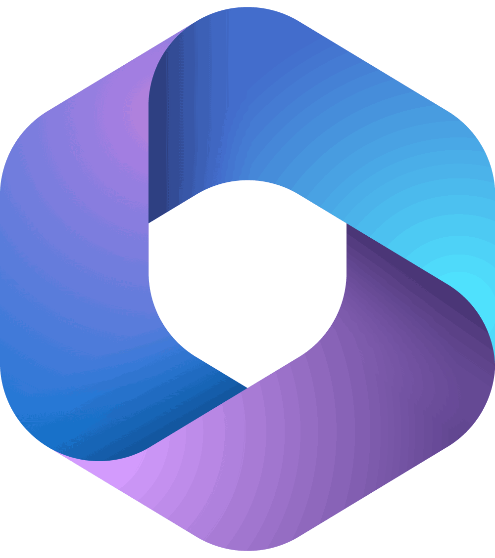 A colorful, abstract geometric logo with a combination of blue, purple, and teal shades, featuring a stylized hexagon and ribbon design.