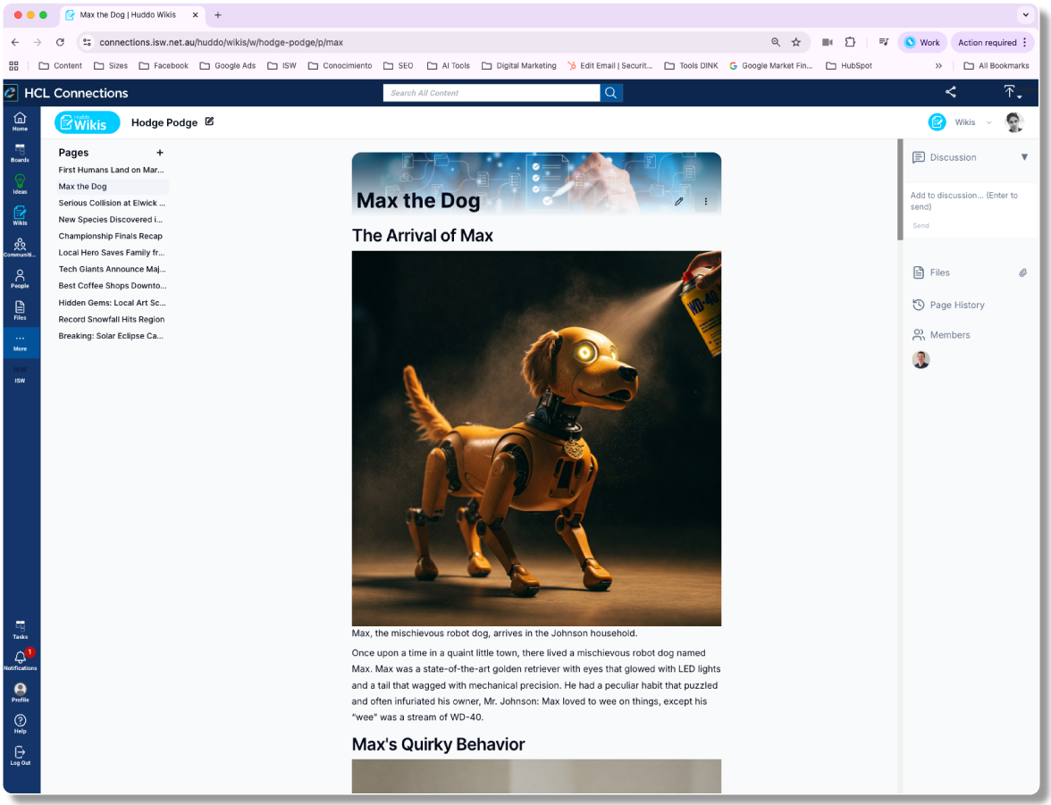 A webpage about Max the Dog, a robotic dog with a golden retriever design. Max has LED eyes, a mechanical tail, and appears to be sprayed with WD-40. The page includes a story about Max arriving at the Johnson household.