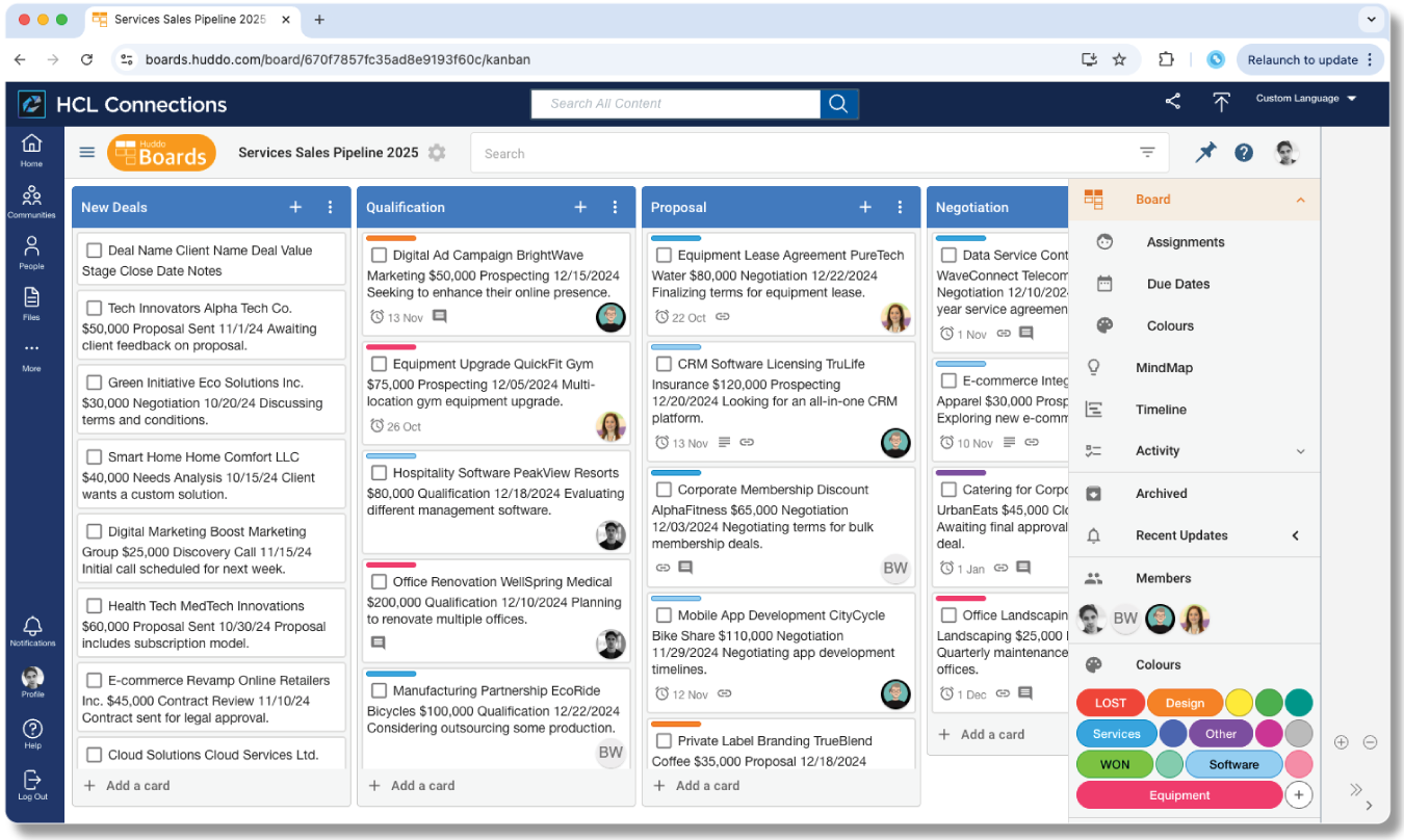 Screenshot of a project management board titled 'Services Sales Pipeline 2025' on Huddo Boards, displaying columns for New Deals, Qualification, Proposal, and Negotiation, with various cards detailing deals, proposals, and negotiations, plus a sidebar menu with options for board settings, assignments, due dates, colors, mind map, timeline, activity, archived items, recent updates, members, and color categories.