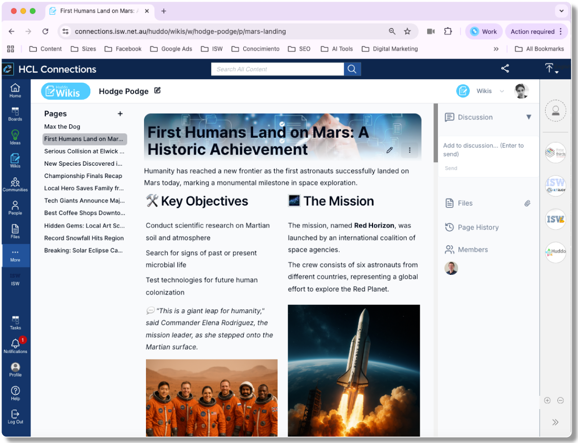 Screenshot of a webpage titled "First Humans Land on Mars: A Historic Achievement" with an article explaining the landing, key objectives, and the mission called Red Horizon, featuring an image of a rocket launching and a picture of astronauts in orange suits.