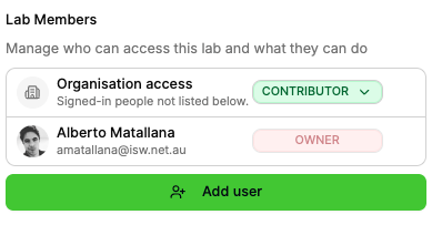 Lab member access management interface showing 'Organisation access' with 'Contributor' status, 'Alberto Matallana' as owner, and an 'Add user' button.