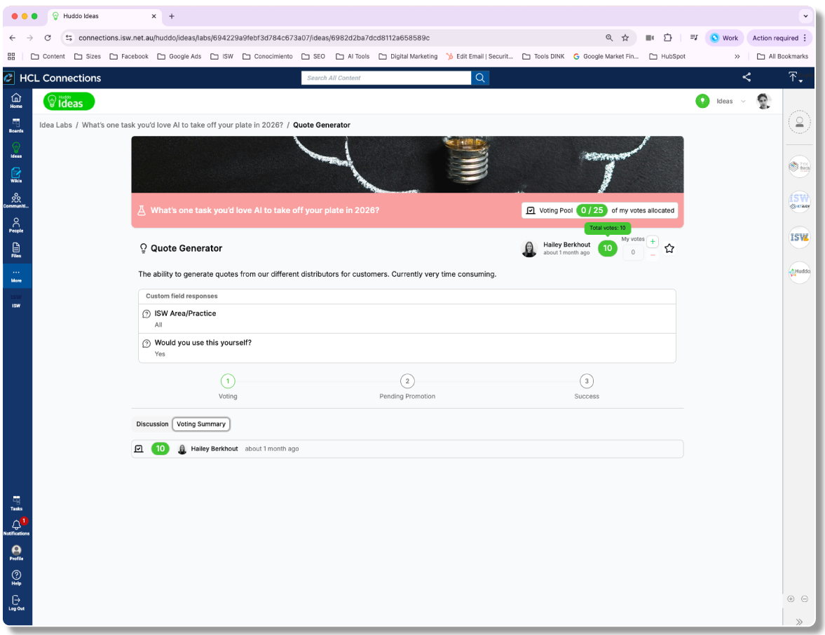 Screenshot of a webpage displaying a quote generator for AI task ideas, with a poll asking about AI's role in taking plates off in 2026, showing voting results, and discussion comments.