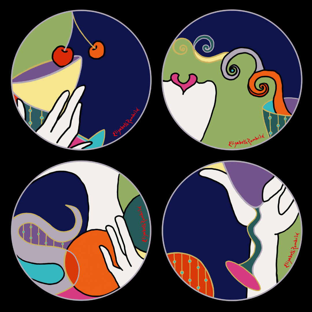 Four circular abstract illustrations featuring stylized hands, fruits, and colorful swirling shapes, signed by Elizabeth Romhild.