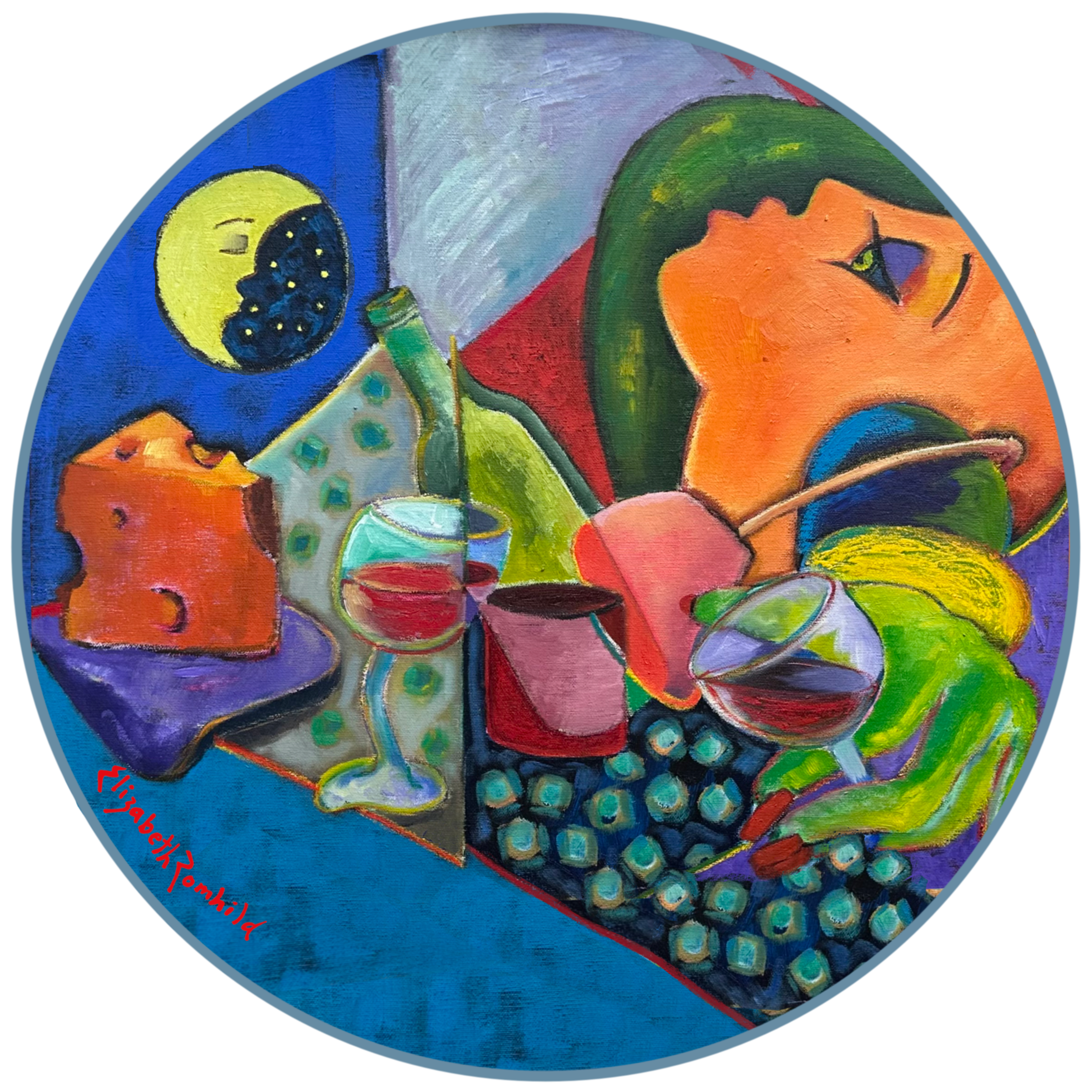 Colorful abstract painting featuring a yellow face with closed eyes and a long nose, surrounded by vibrant shapes and patterns.