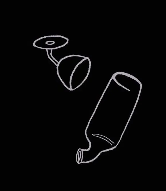 Line drawing of a wine glass and wine bottle on a black background.