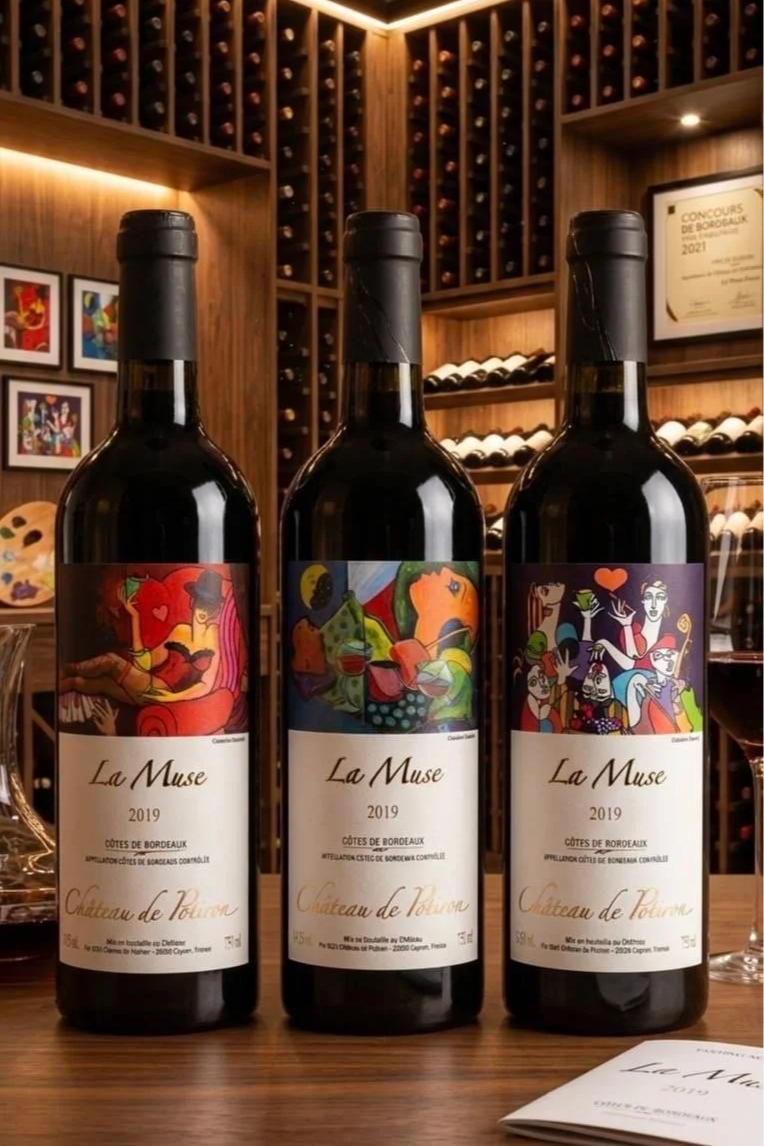 Three bottles of red wine labeled La Muse 2019 in a wine cellar with wooden shelves, wine bottles, framed art, and a framed certificate in the background.
