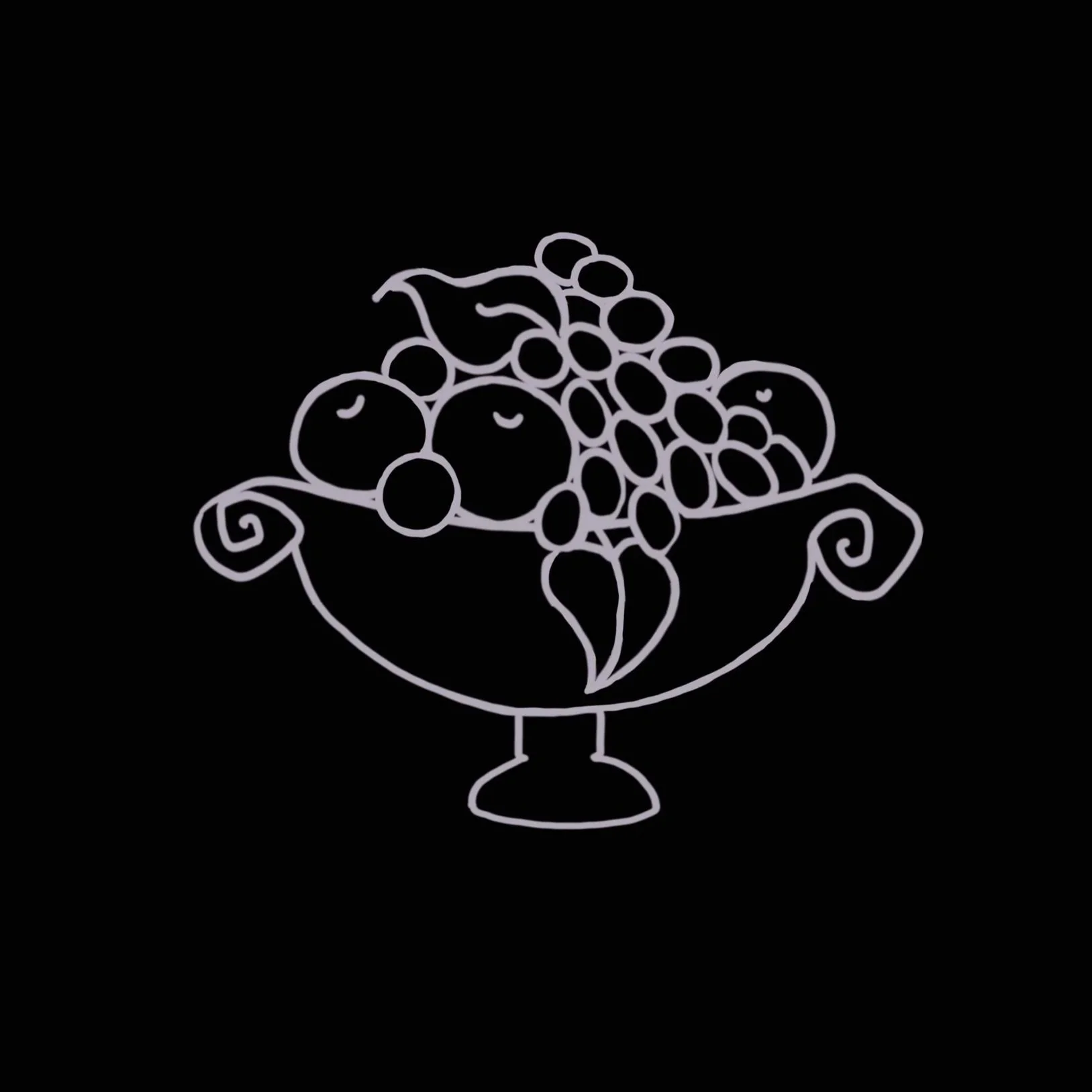 Outline drawing of a fruit bowl with grapes, blueberries, and a leaf, on a stand.