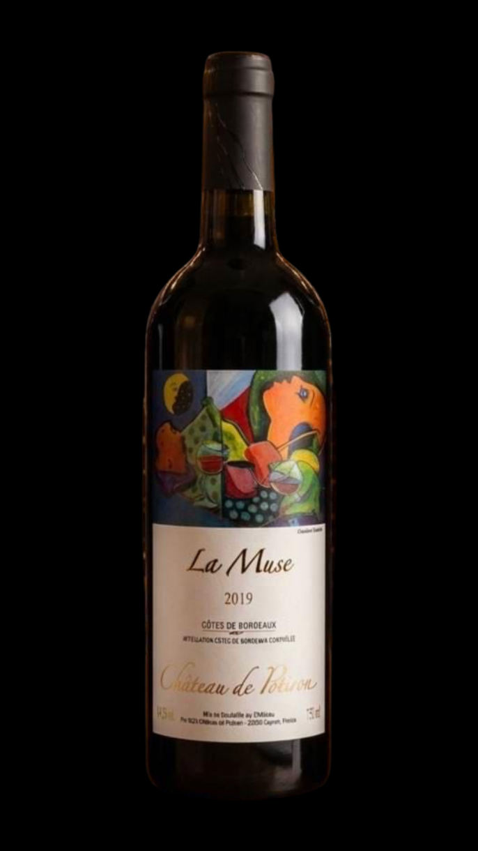 A bottle of La Muse 2019 Bordeaux red wine with a colorful abstract label and black foil capsule, set against a black background.
