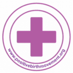 Purple cross inside a circle with the text 'www.positivebirthmovement.org' around it.