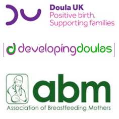 Logos of Doula UK, Developing Doulas, and the Association of Breastfeeding Mothers.